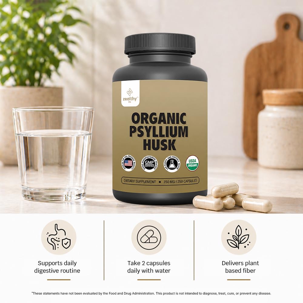 Z Zealthy Life Psyllium Husk Capsules opened bottle showing capsules