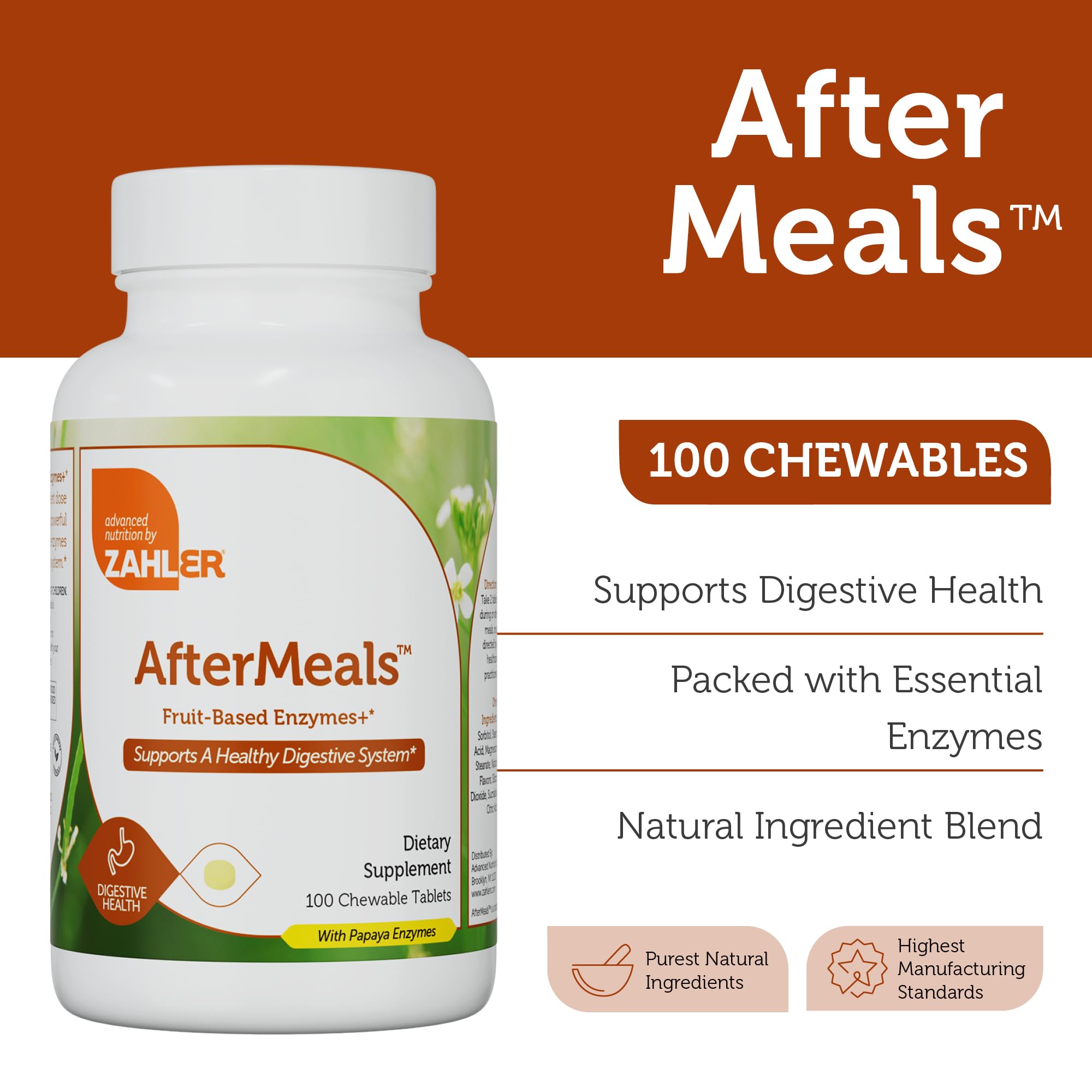 Zahler Aftermeals Chewable Tablets showing the back with ingredient list