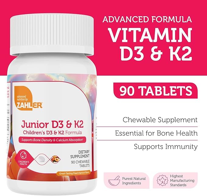 Zahler Chewable Vitamin D3 + K2 Tablets showing peach apricot flavour