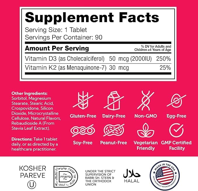 Zahler Chewable Vitamin D3 + K2 Tablets side view with dosage details