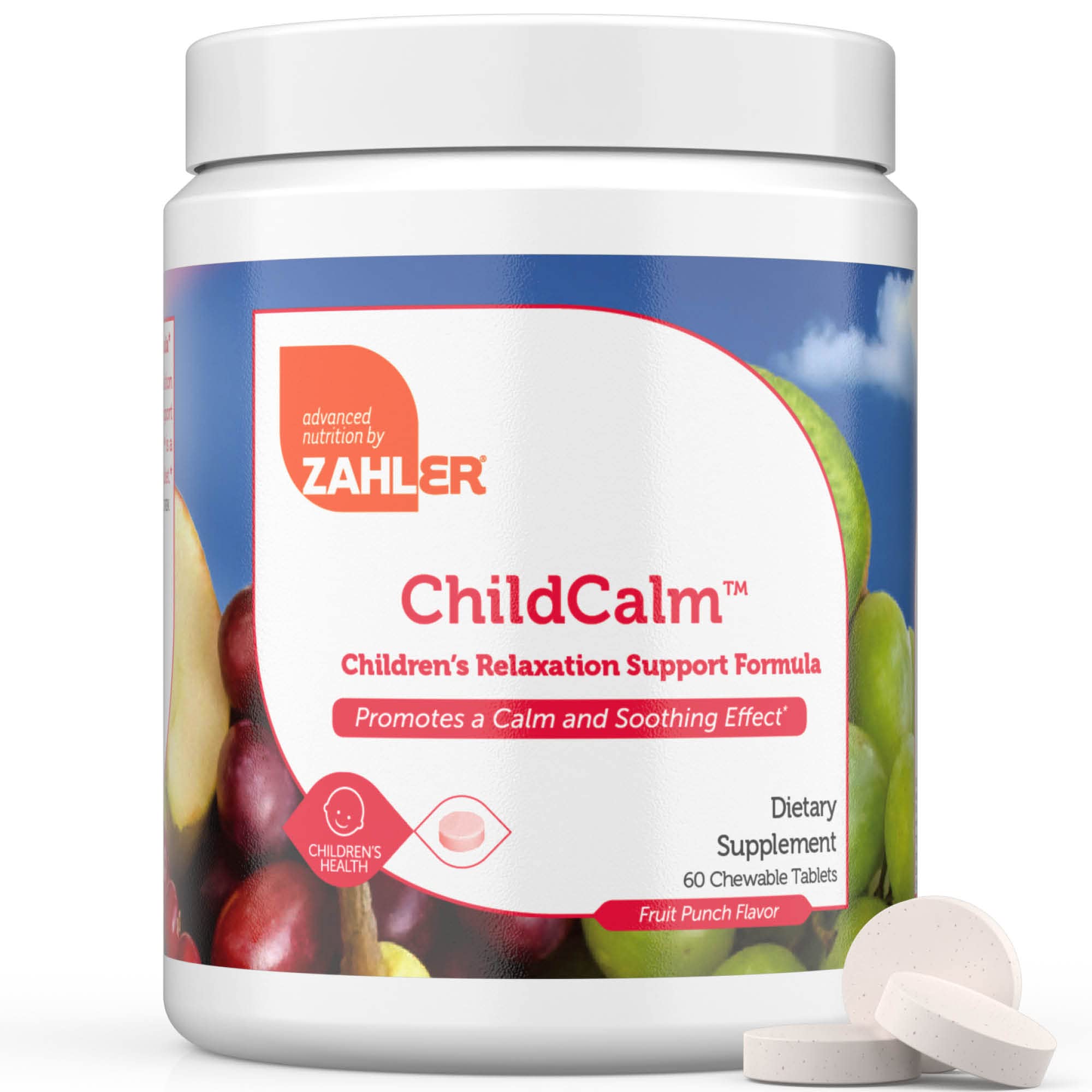 Zahler Childcalm Chewable Tablets side view with nutrition facts