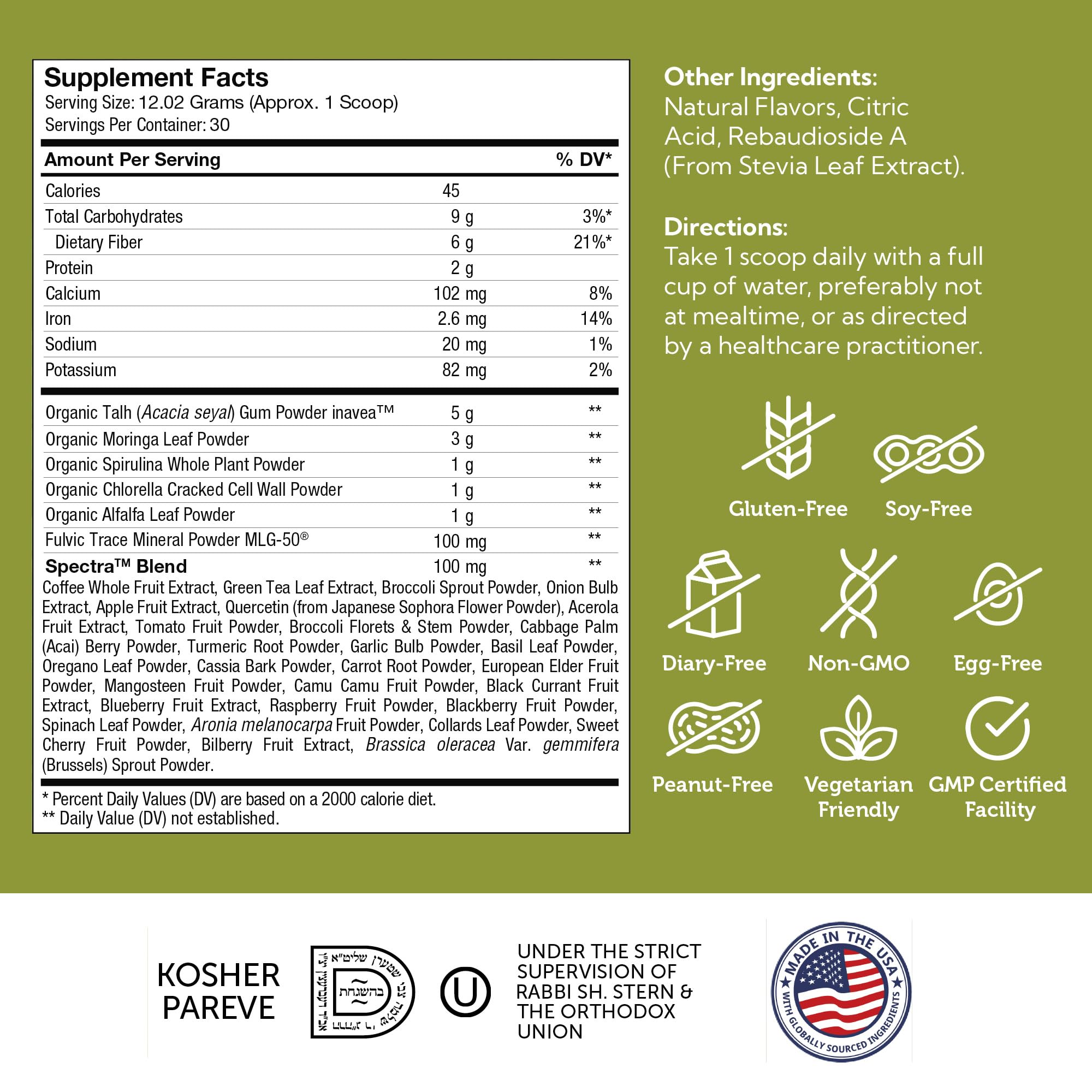 Zahler Core Greens Organic Superfood Powder ingredients list