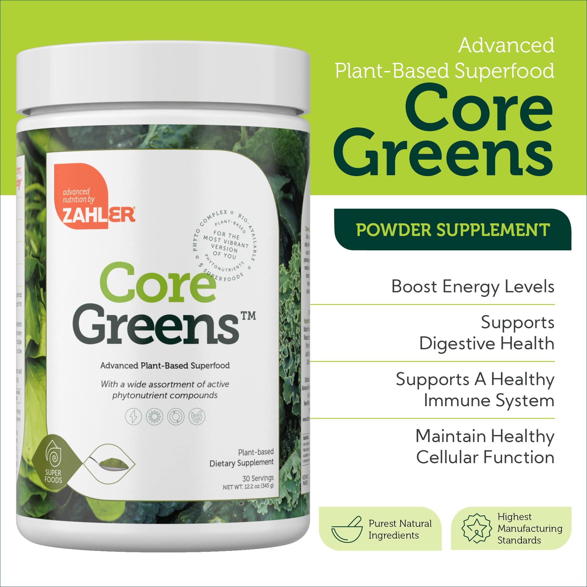 Zahler Core Greens Spirulina Powder mixed in a glass of water