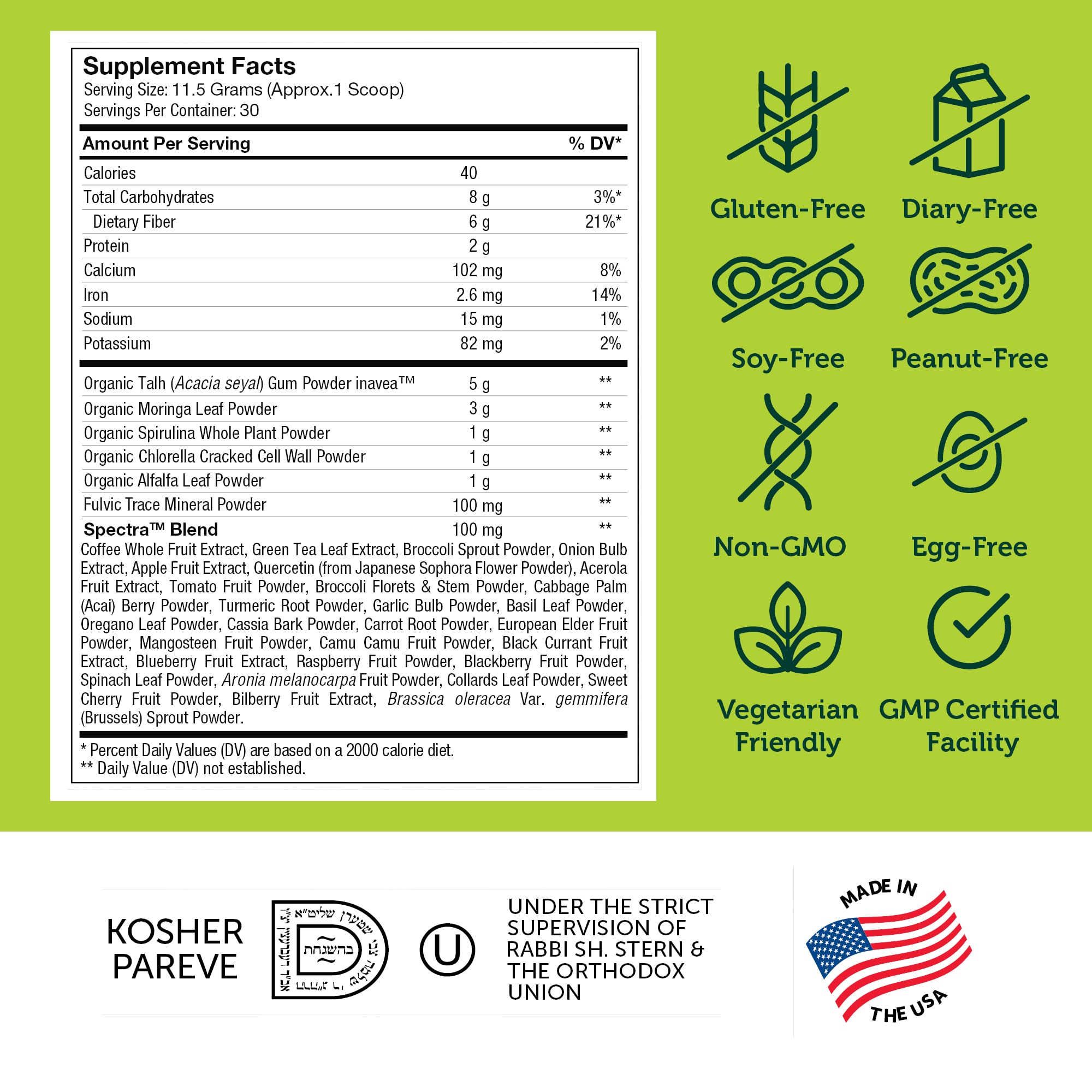 Zahler Core Greens Spirulina Powder nutritional information