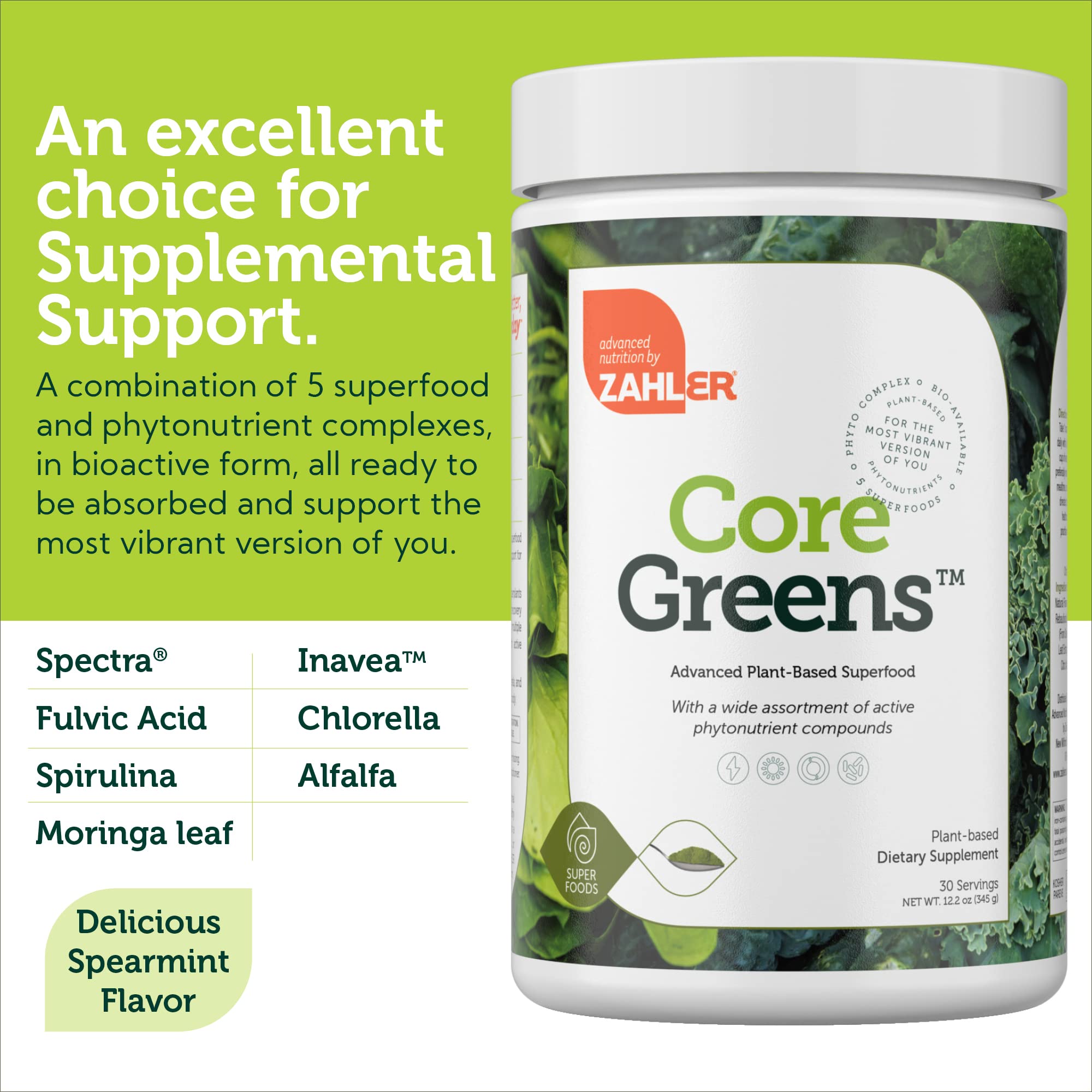 Zahler Core Greens Spirulina Powder side view packaging