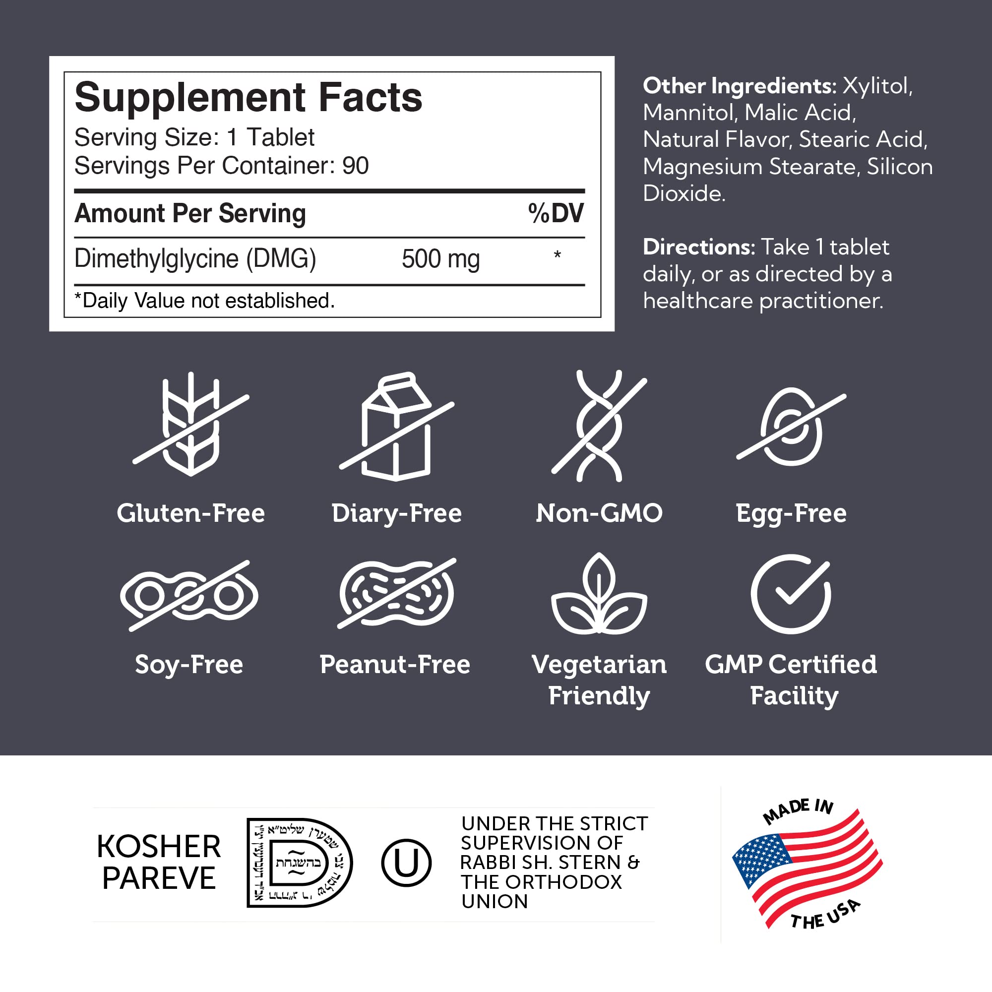 Zahler DMG Dimethylglycine Chewable Tablets 500mg on a wooden table