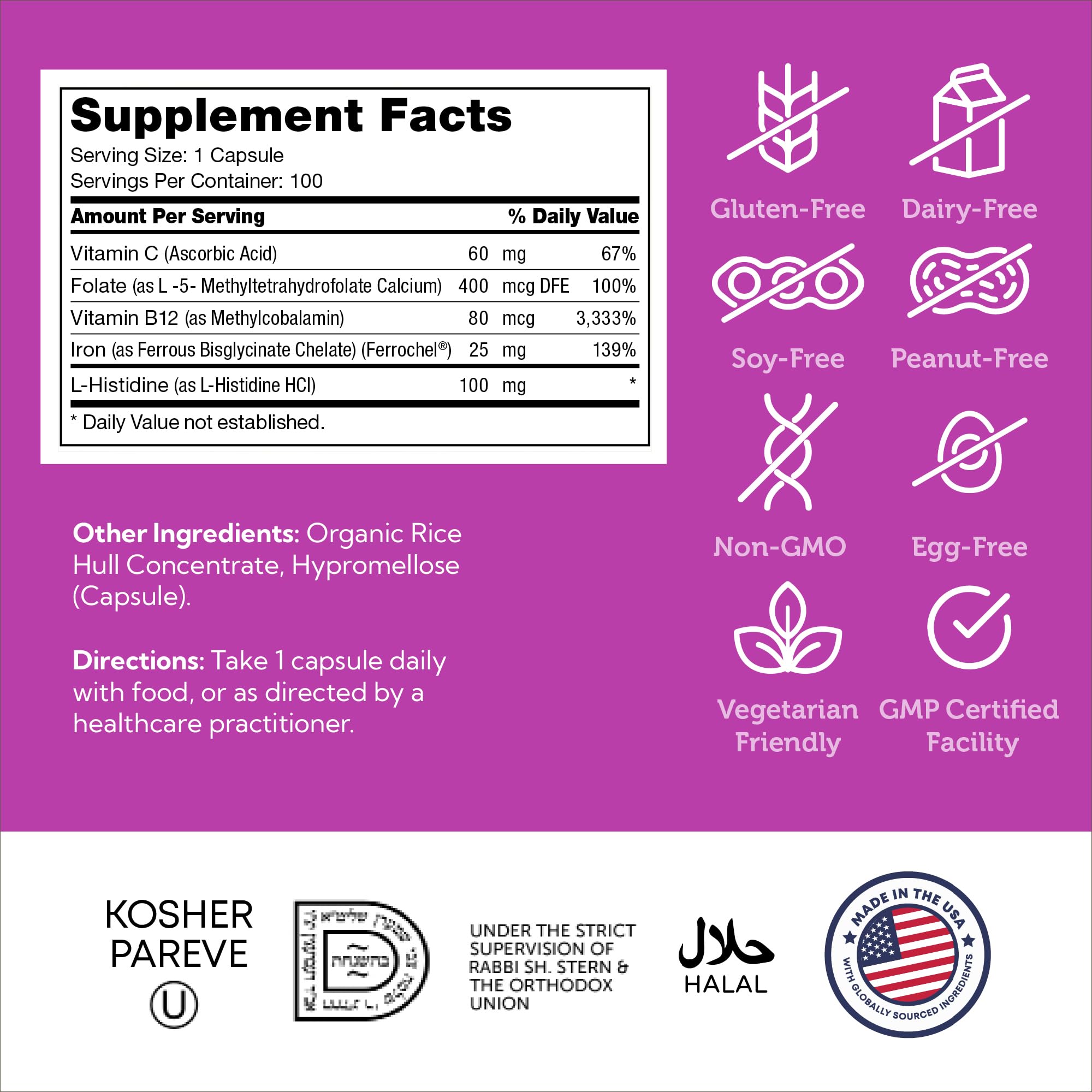 Zahler Iron Complex 25mg iron supplement back view