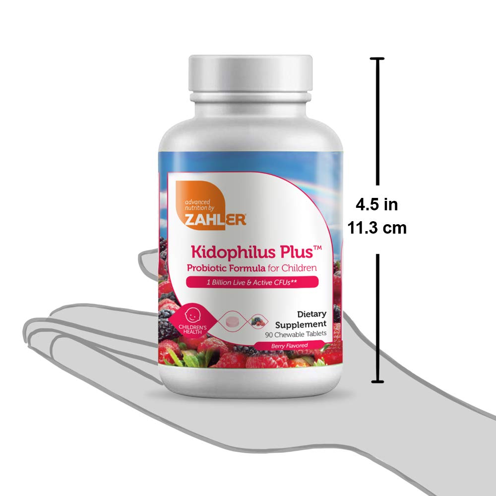 Zahler Kidophilus Plus probiotics tablets on a wooden table