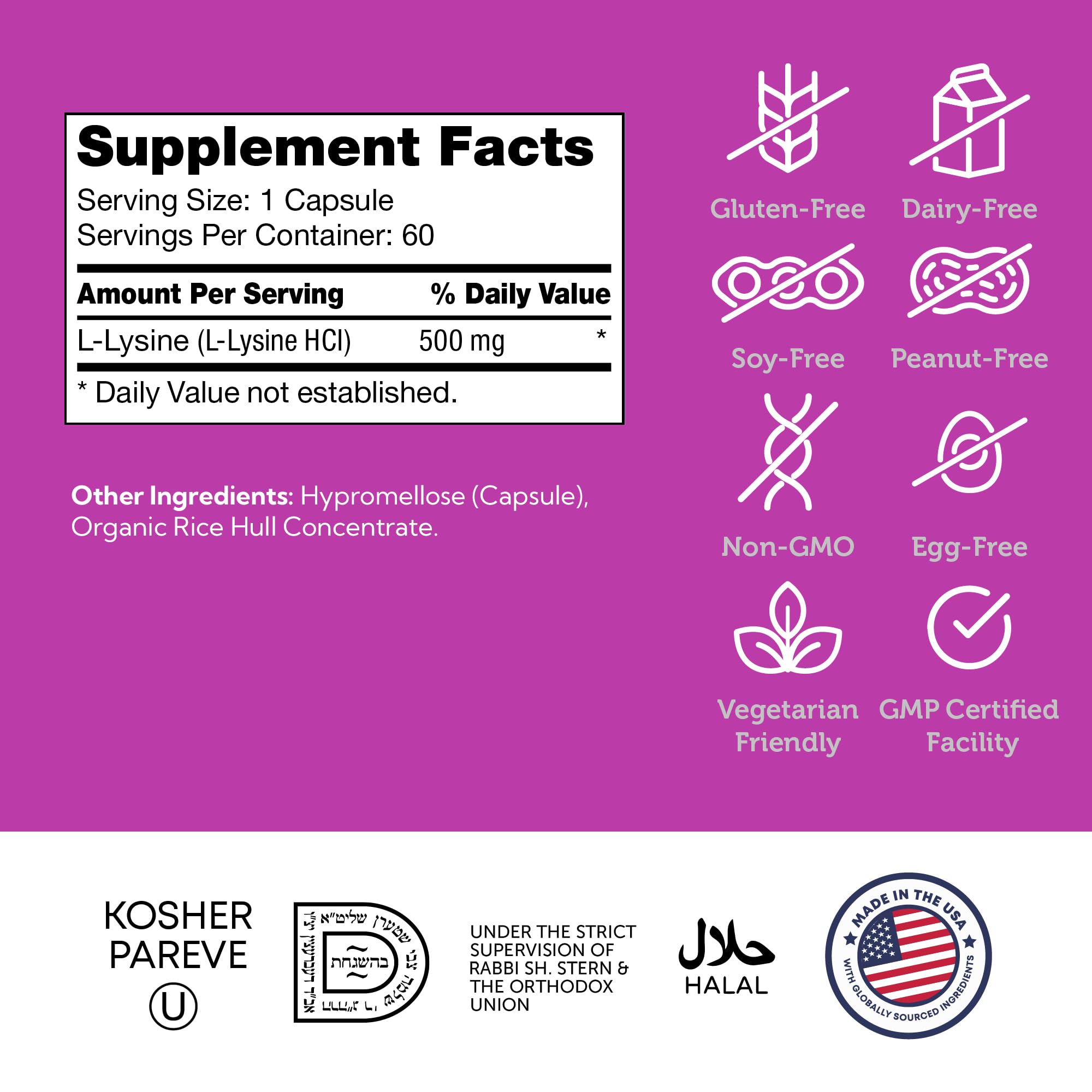 Zahler L-Lysine Supplement 500mg capsules close-up