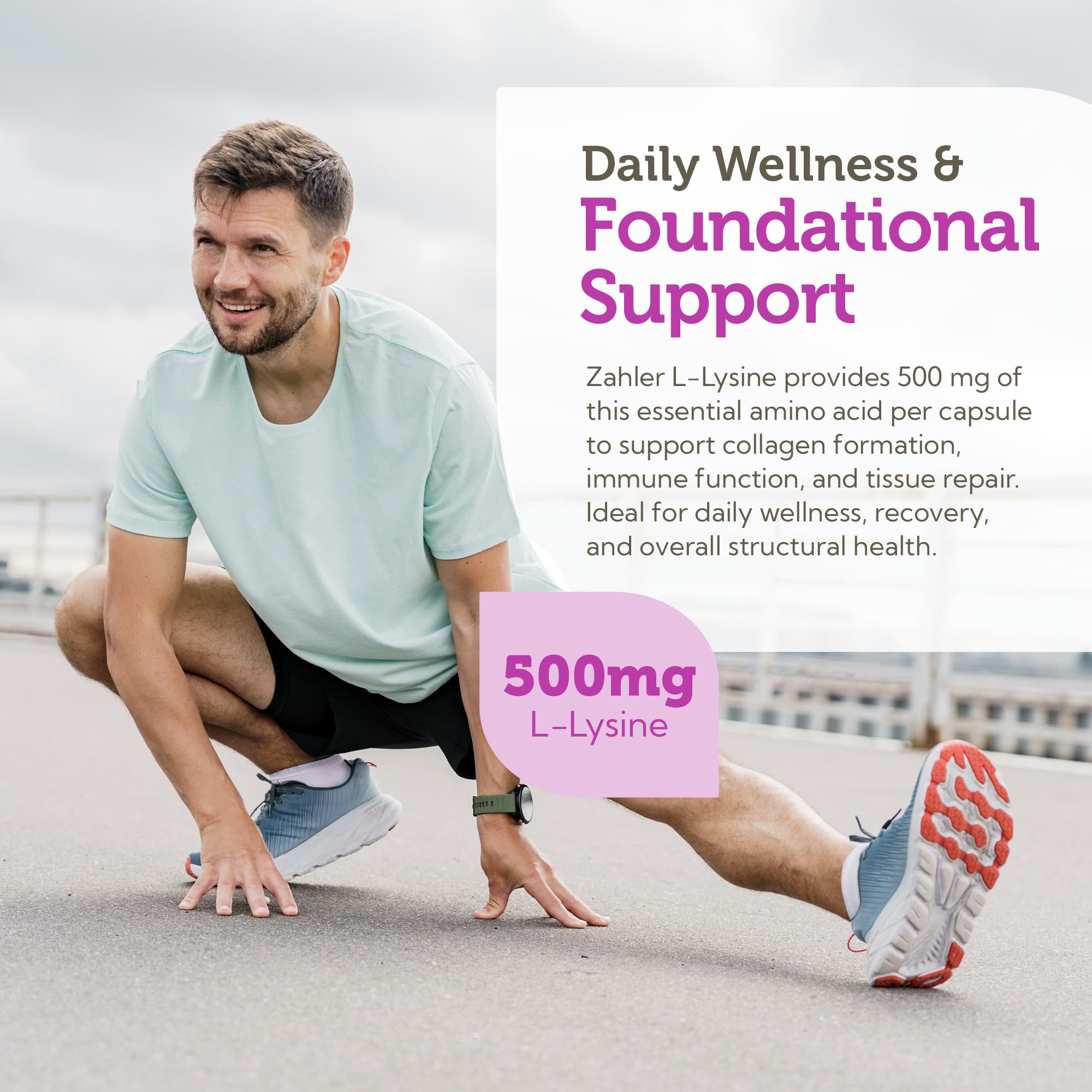 Zahler L-Lysine Supplement 500mg capsules on a table