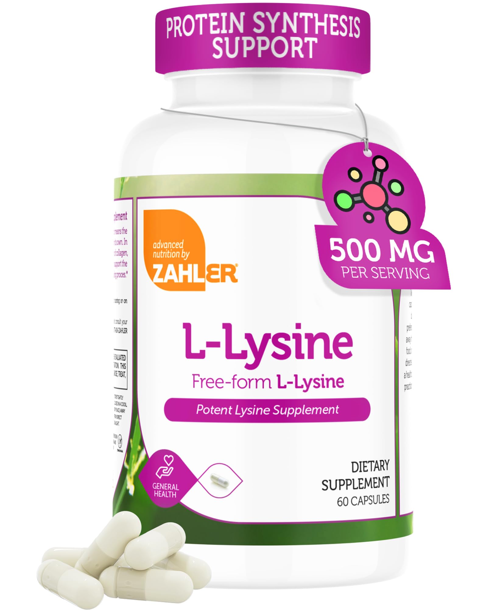 Zahler L-Lysine Supplement 500mg capsules side view