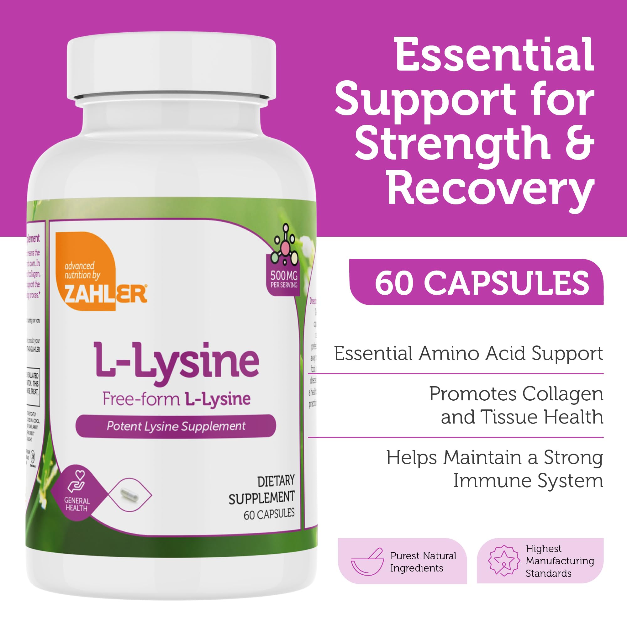 Zahler L-Lysine Supplement 500mg capsules with packaging