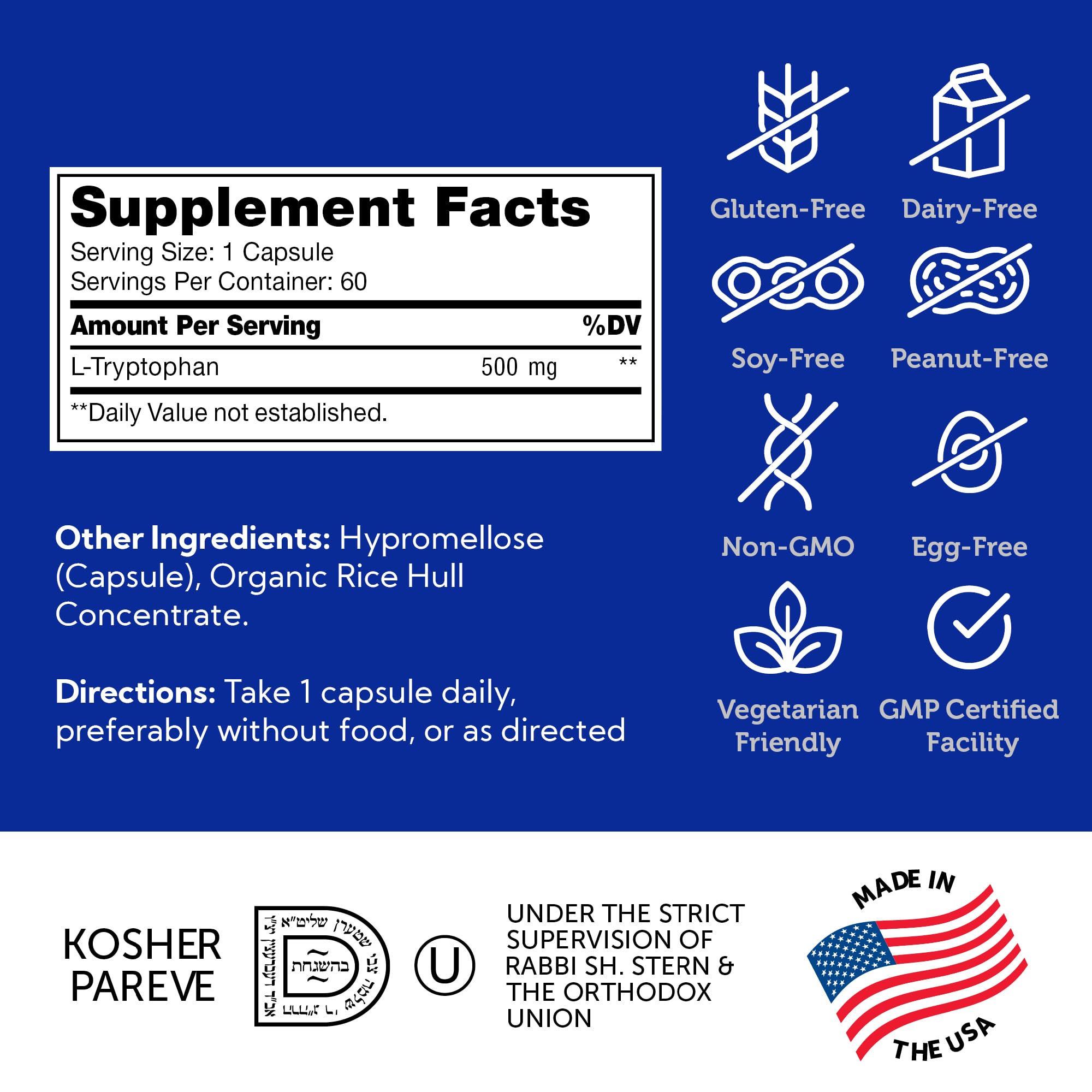 Zahler L-Tryptophan 500mg Supplement capsules on a wooden table