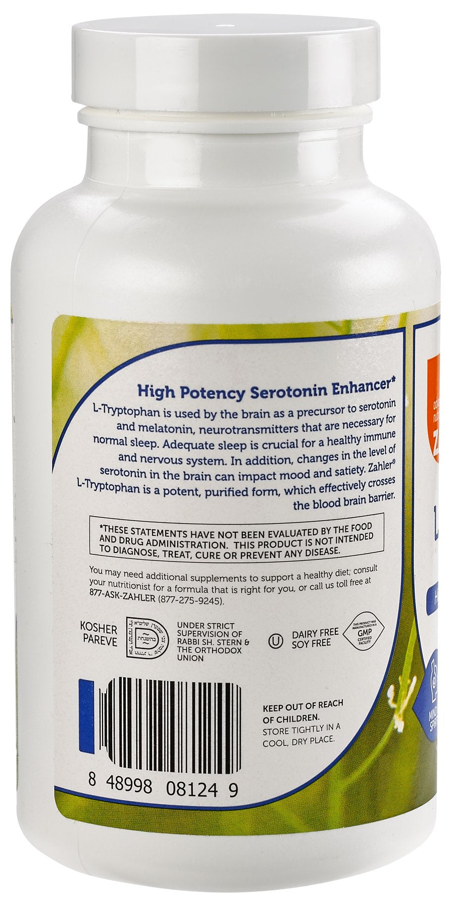 Zahler L-Tryptophan 500mg supplement packaging with ingredient list
