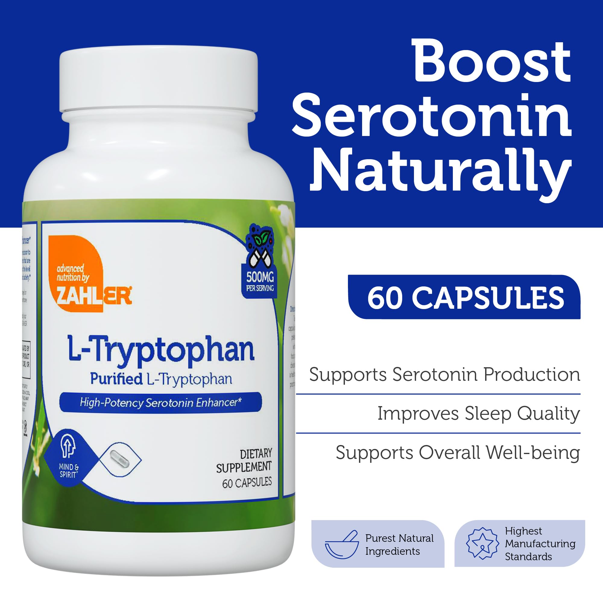 Zahler L-Tryptophan 500mg Supplement side view of bottle