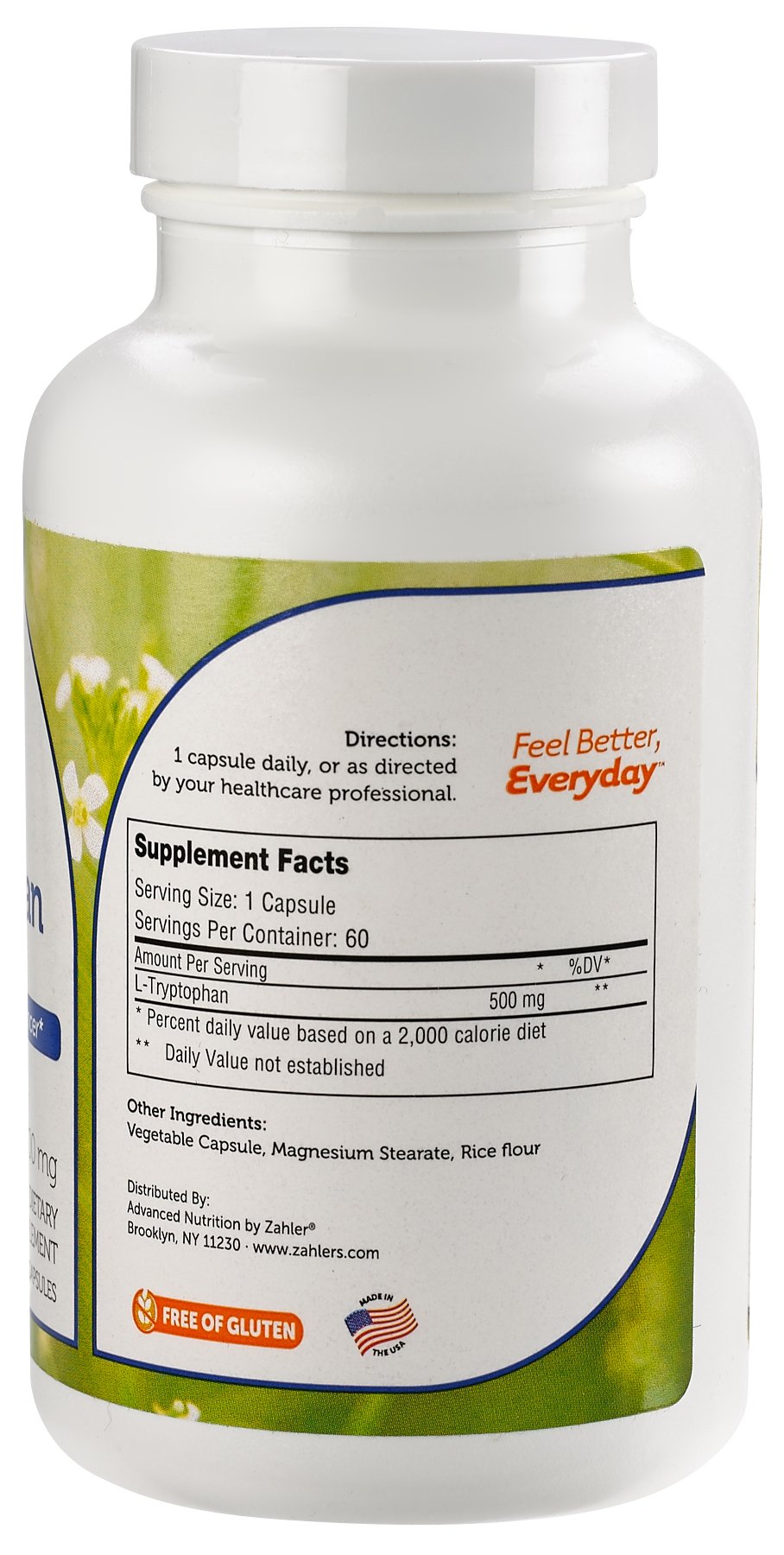 Zahler L-Tryptophan 500mg supplement side view showing capsule details