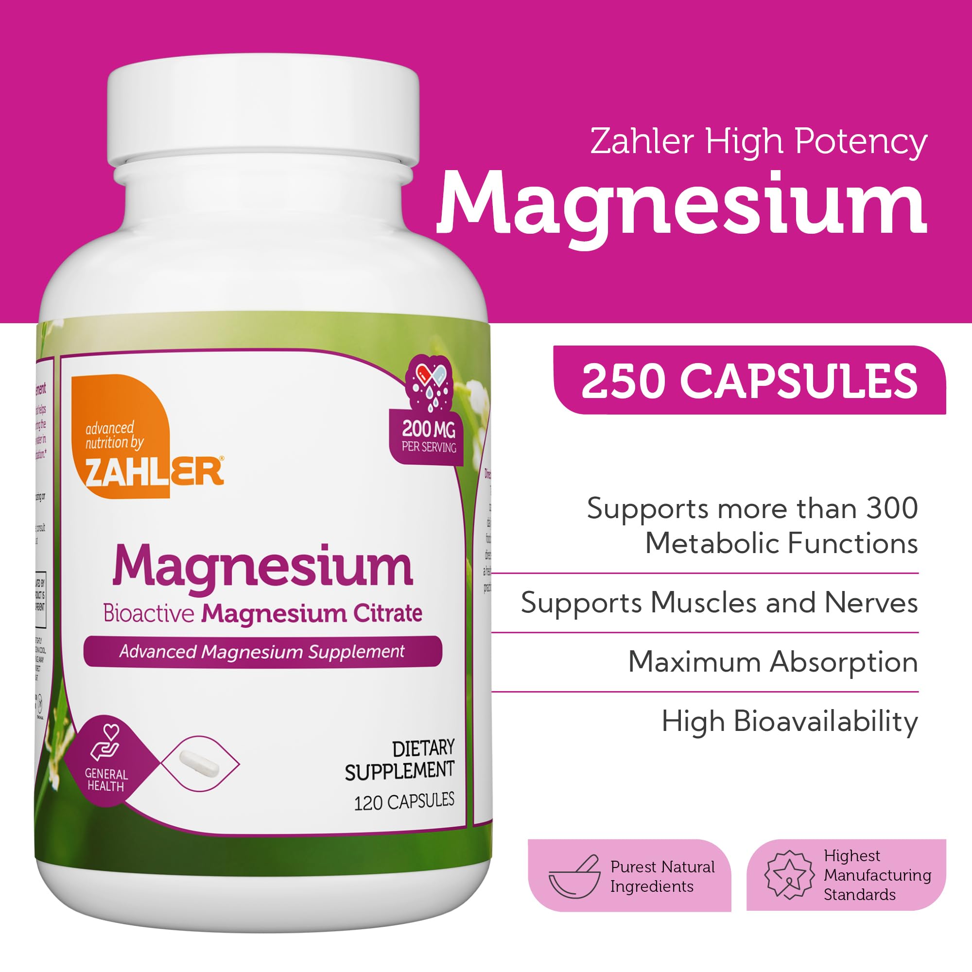 Zahler Magnesium Citrate 250 Count Capsules side view