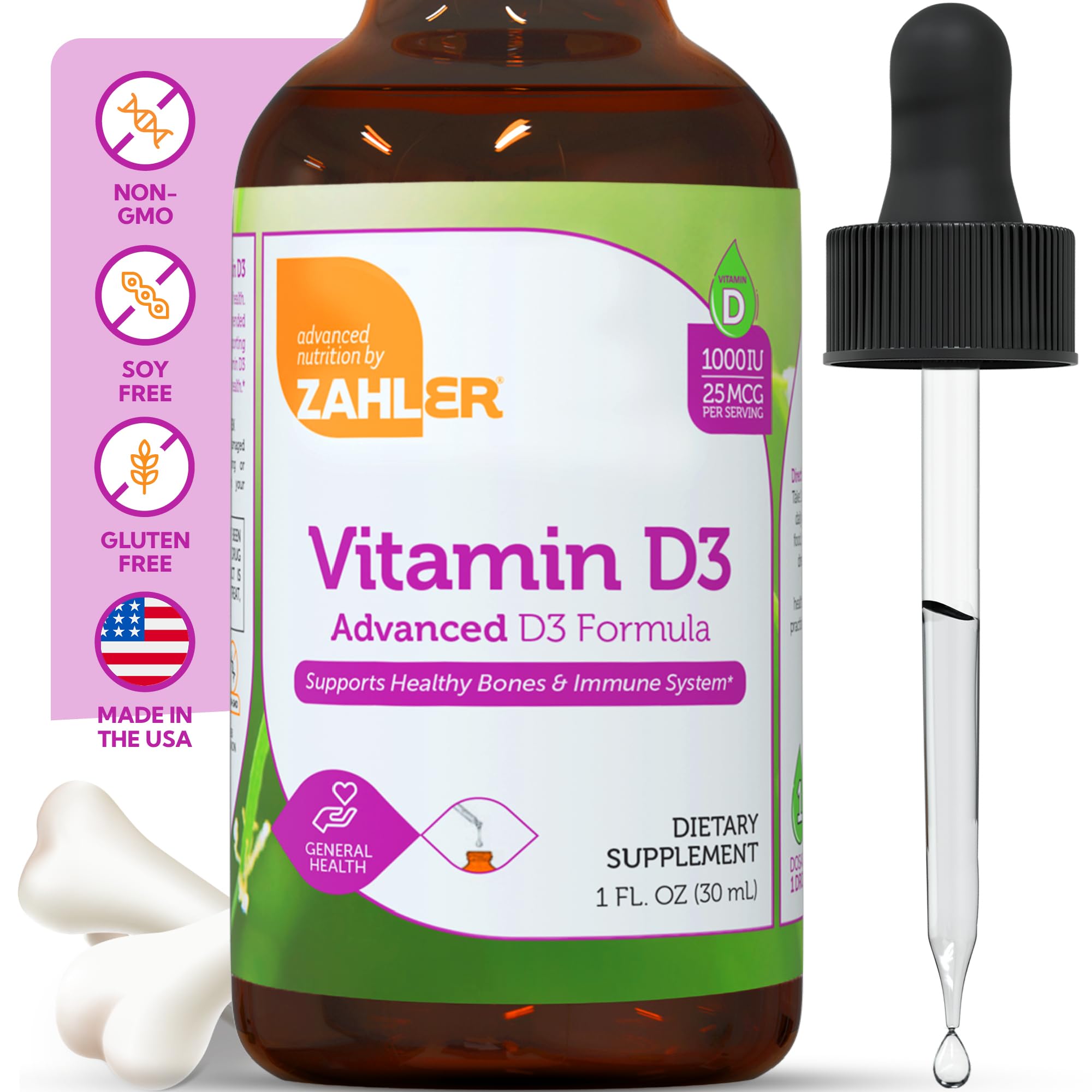 Zahler Vitamin D3 1000 IU Liquid Drops bottle with dropper