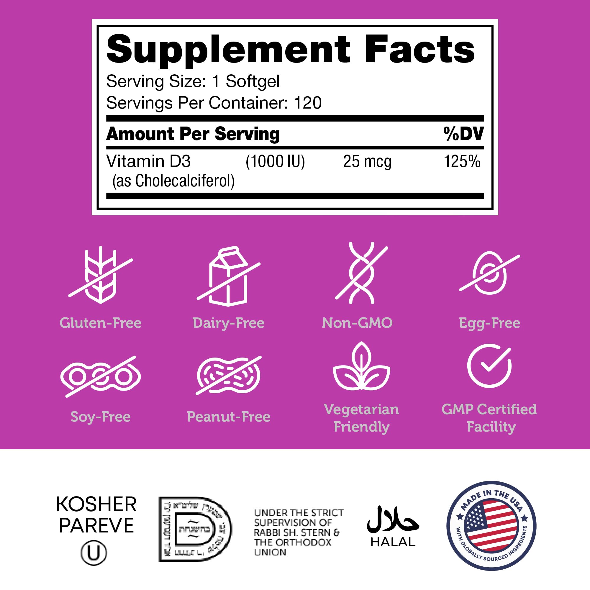 Zahler Vitamin D3 1000 IU Softgels back view with ingredients