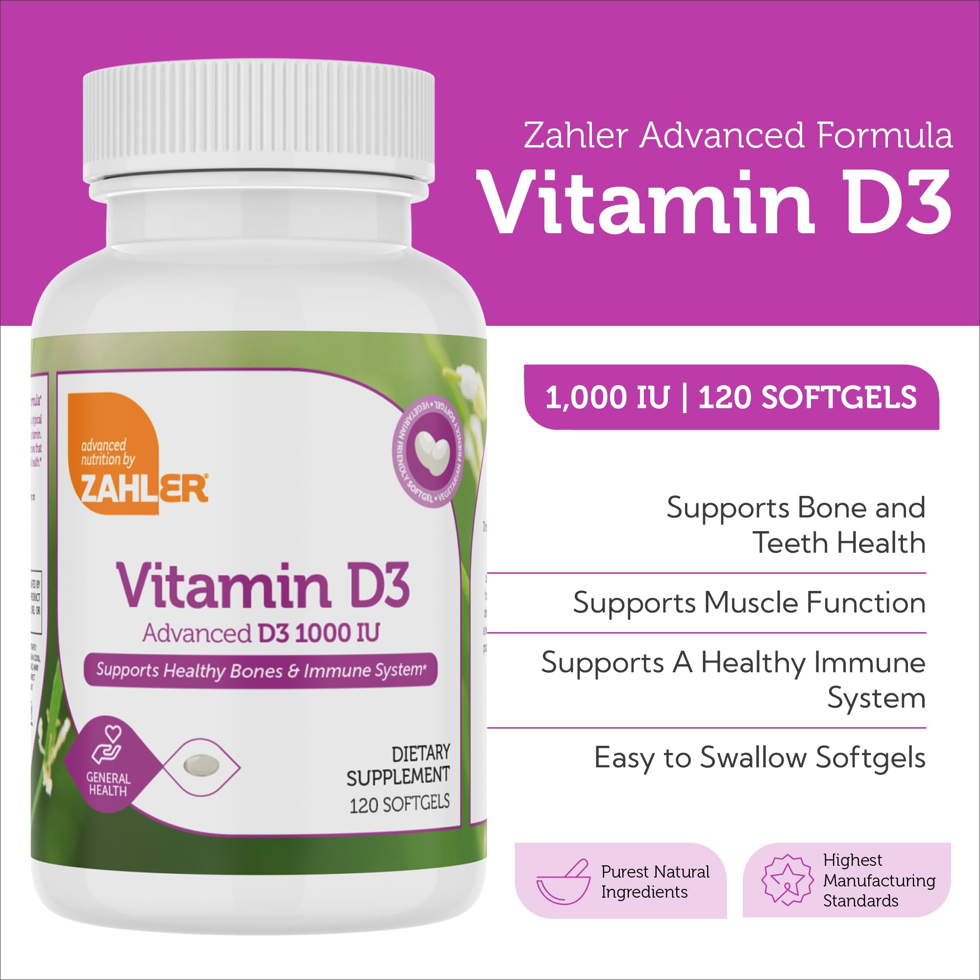 Zahler Vitamin D3 1000 IU Softgels bottle with label