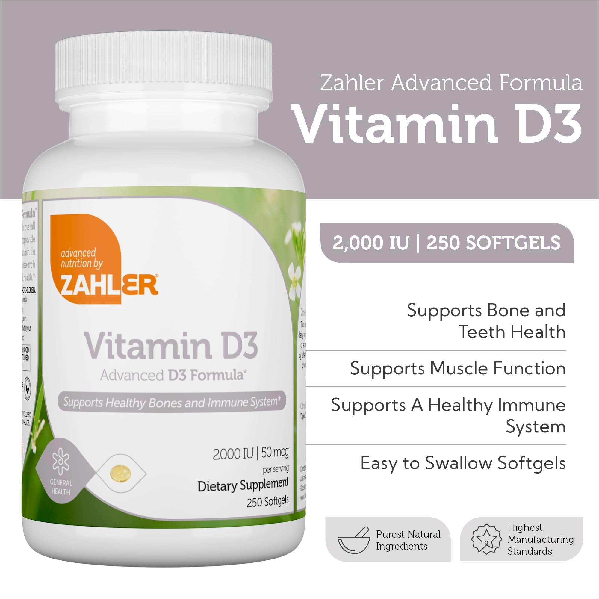 Zahler Vitamin D3 2000 IU Softgels opened bottle showing softgels