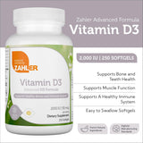 Zahler Vitamin D3 2000 IU Softgels opened bottle showing softgels