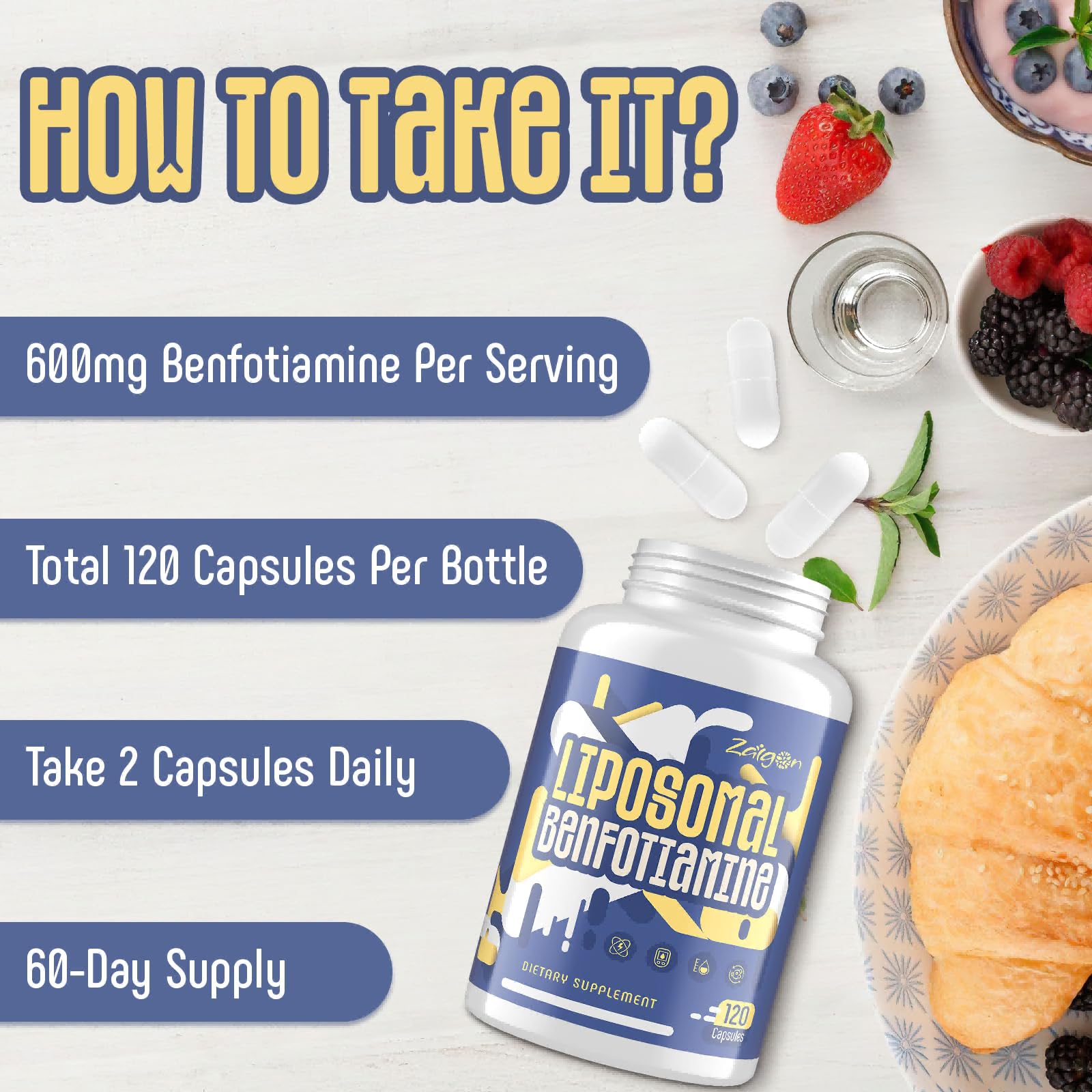 Zaigon Benfotiamine 600mg supplement capsules on a table