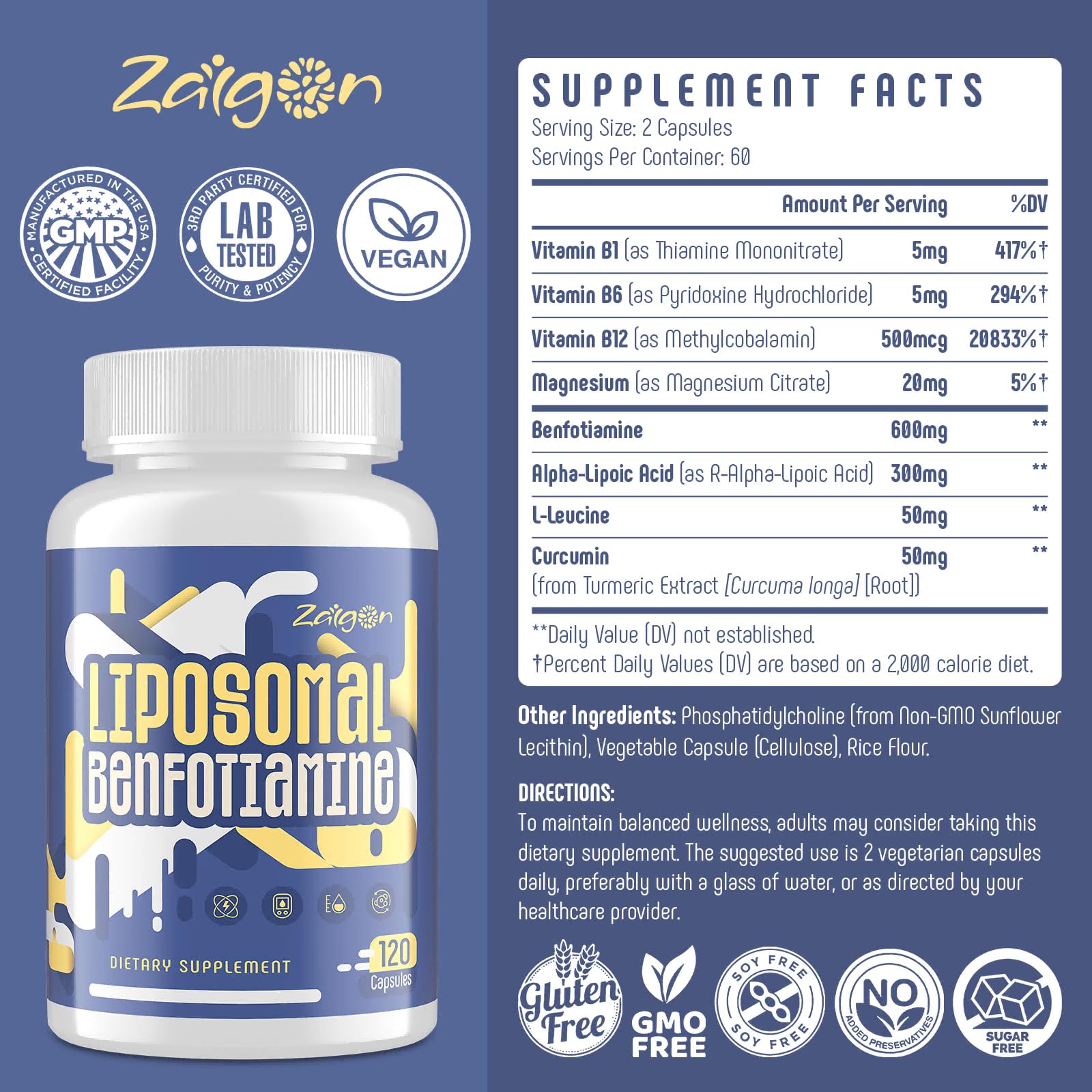 Zaigon Benfotiamine 600mg supplement with a measuring spoon