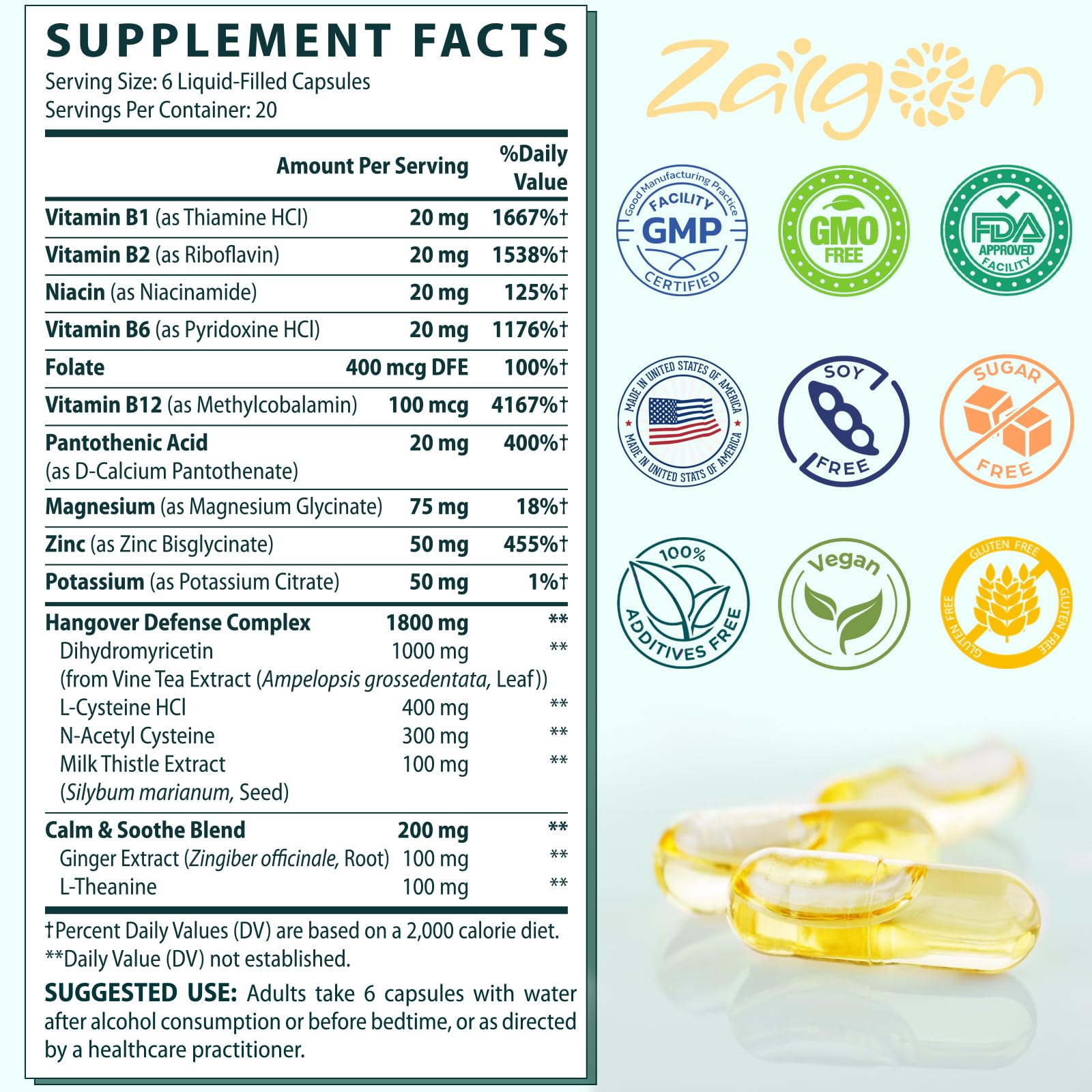 Zaigon DHM Complex Liposomal Supplement with water glass