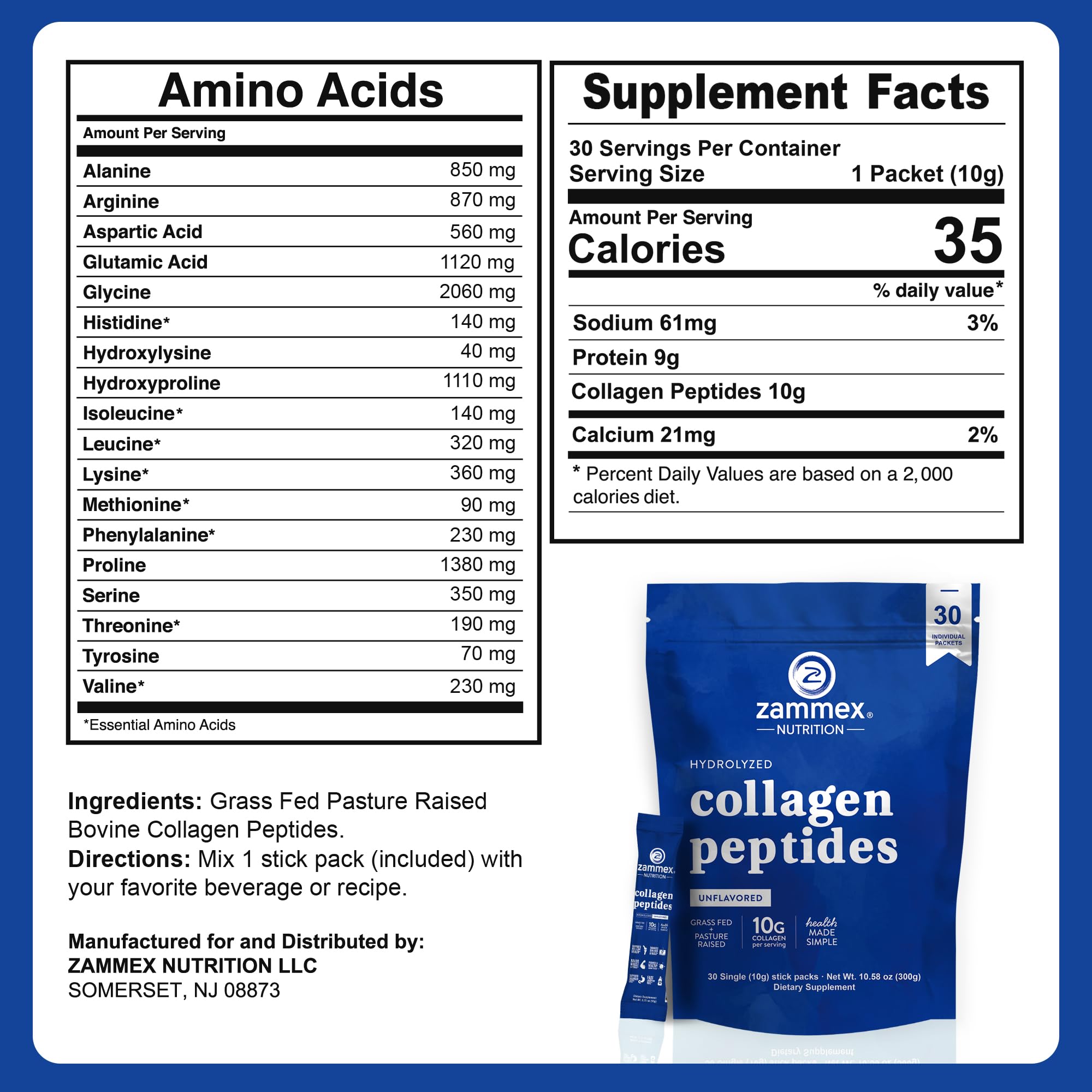 Zammex Collagen Peptides Powder packet with nutritional information