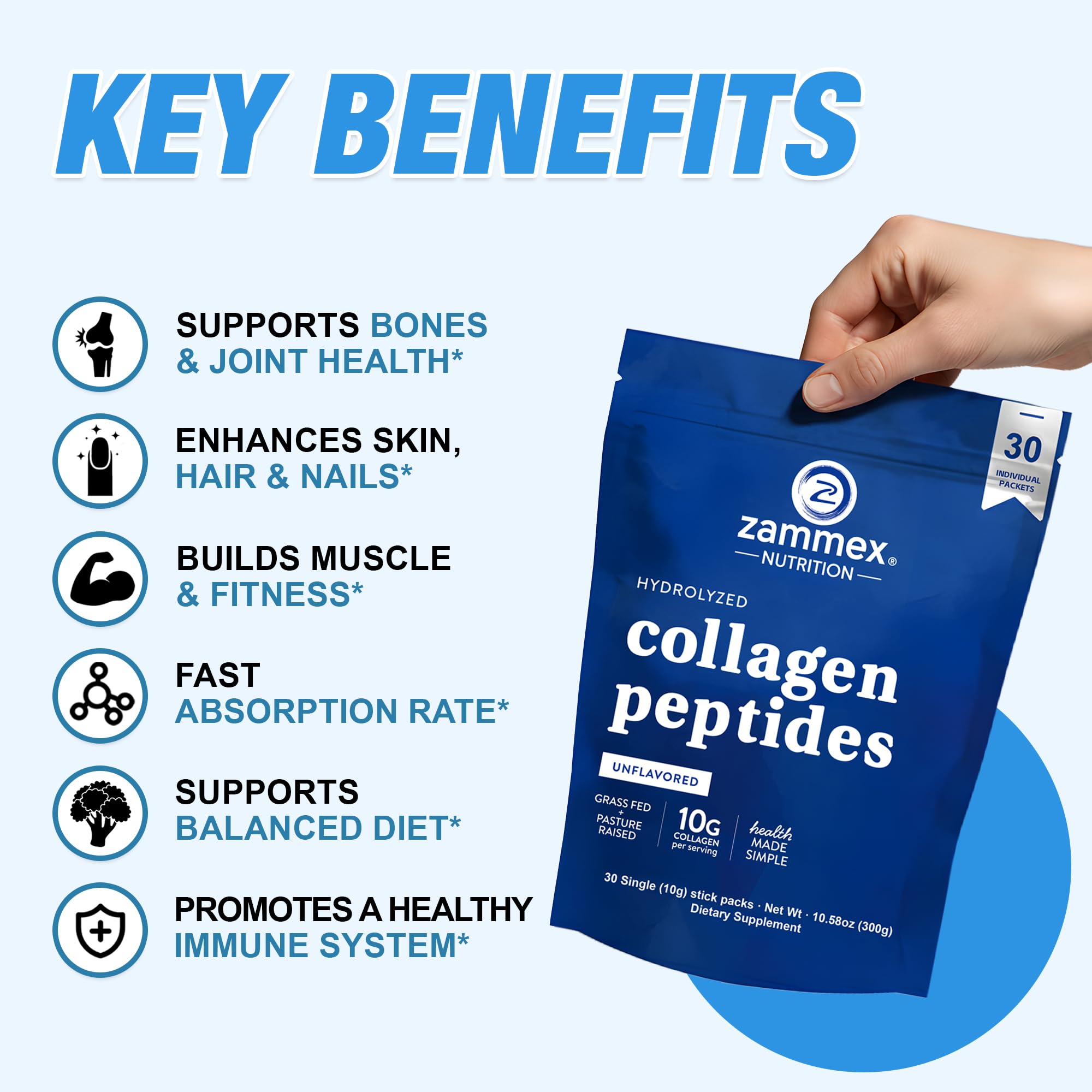 Zammex Collagen Peptides Powder packets displayed in a lifestyle setting