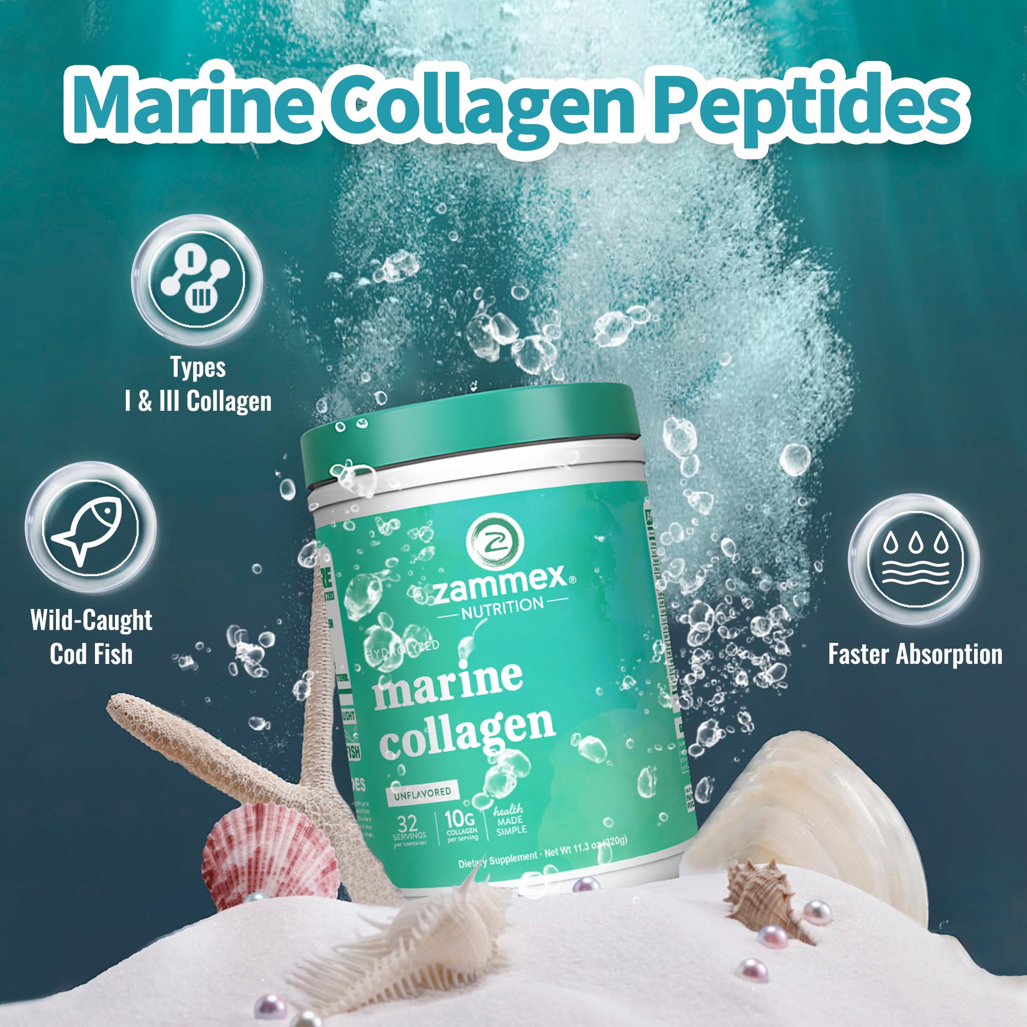 Zammex Marine Collagen Peptides 320g container with measuring spoon