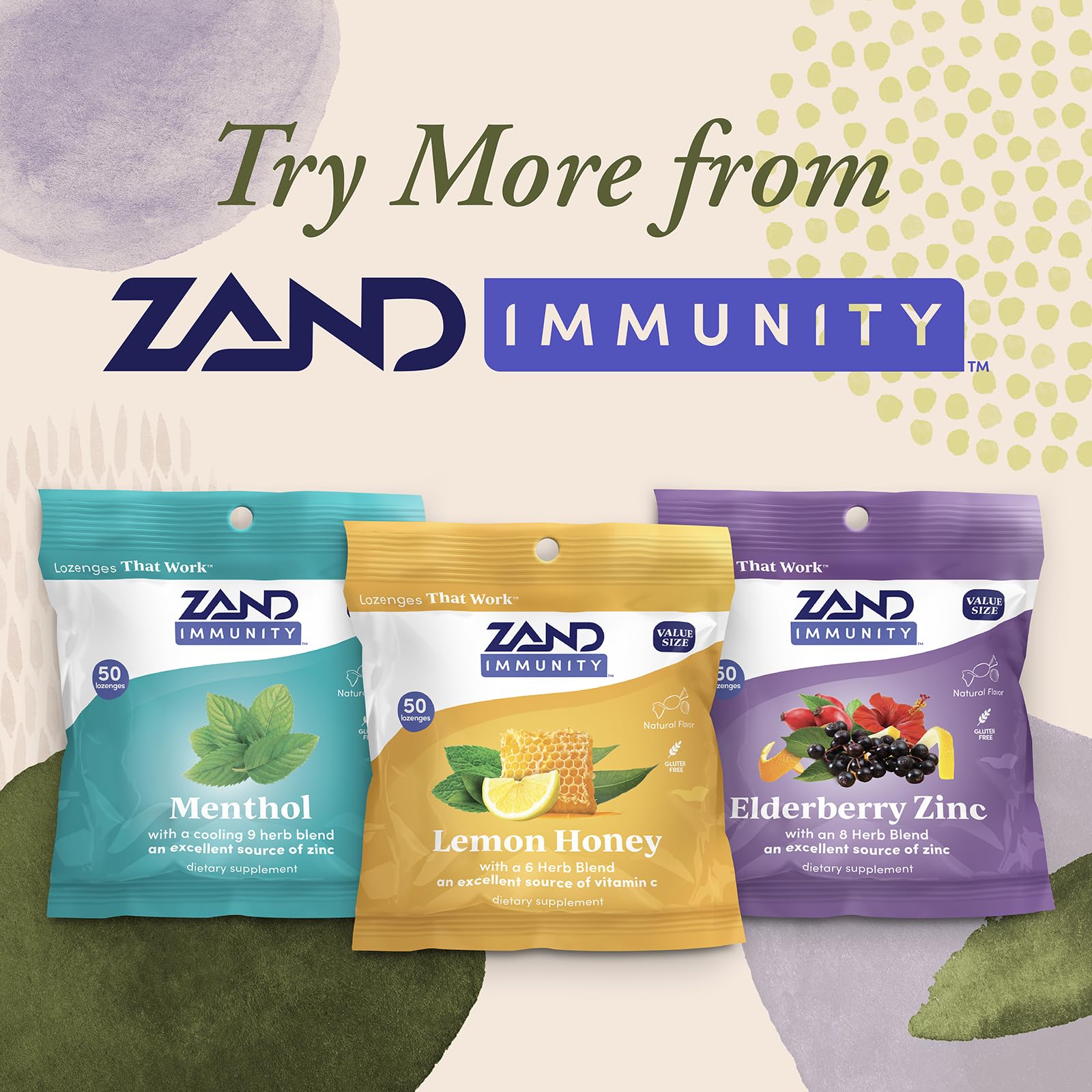 ZAND daily wellness Lozenges displayed with a cup of tea