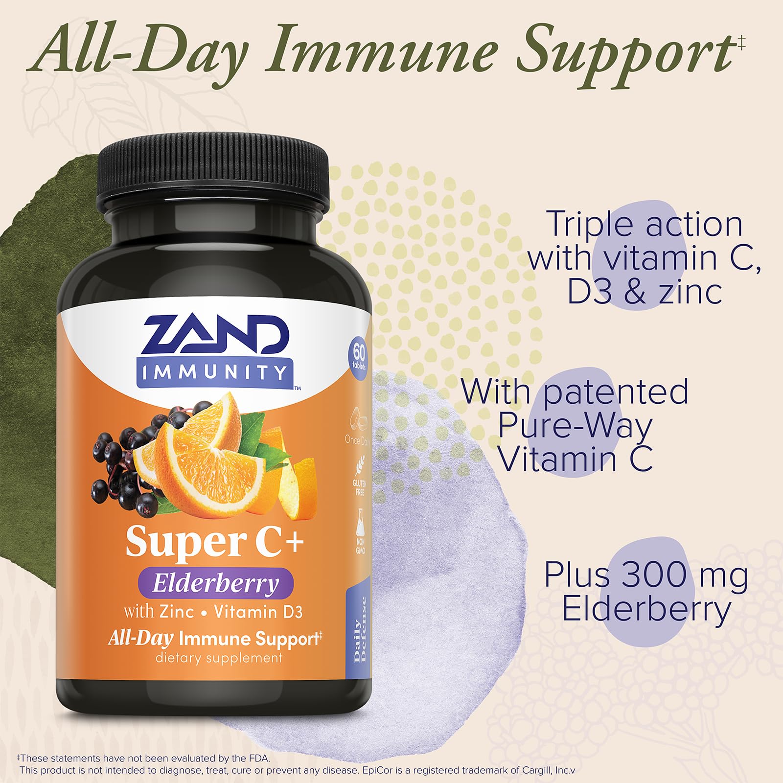 ZAND Super C+ Elderberry supplement back view with ingredient list