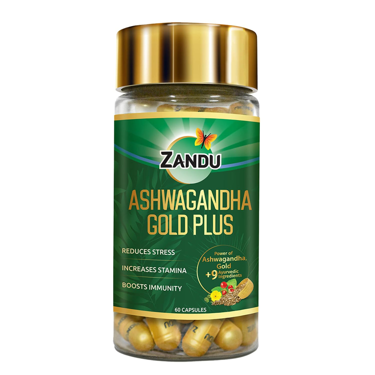 Zandu Ashwagandha Gold Capsules front view with packaging