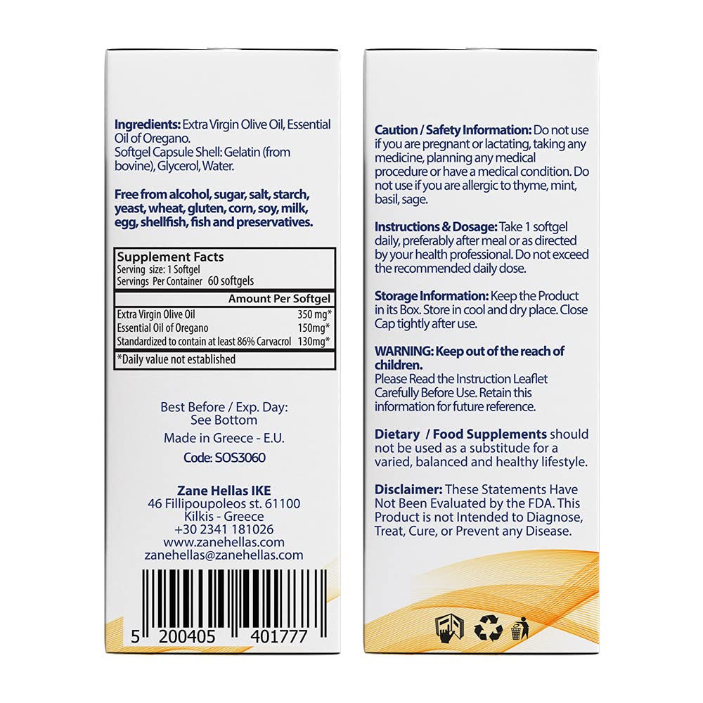 Zane HELLAS Oregano Oil Softgels back view with ingredient list
