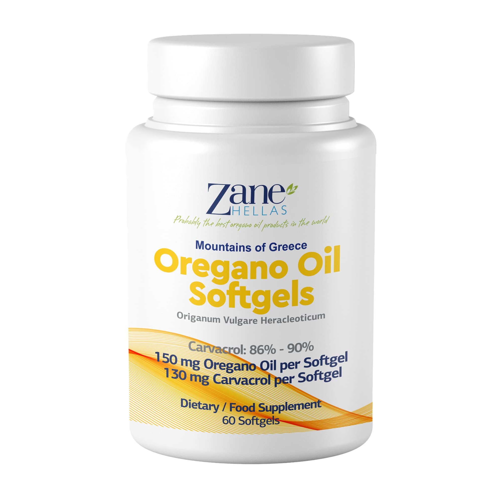 Zane HELLAS Oregano Oil Softgels side view with dosage details