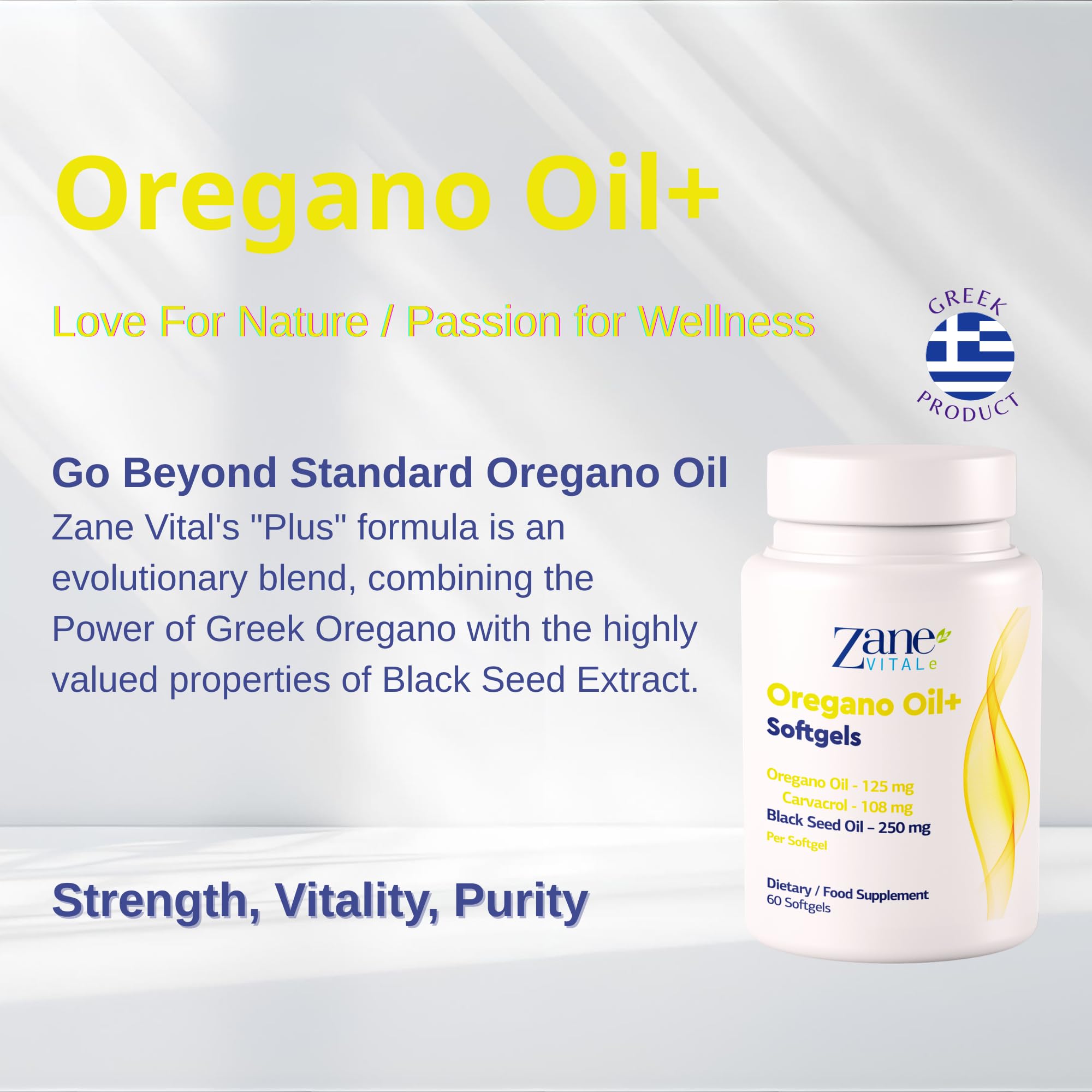 Zane VITALe Oregano Oil Plus Softgels showing softgel capsules