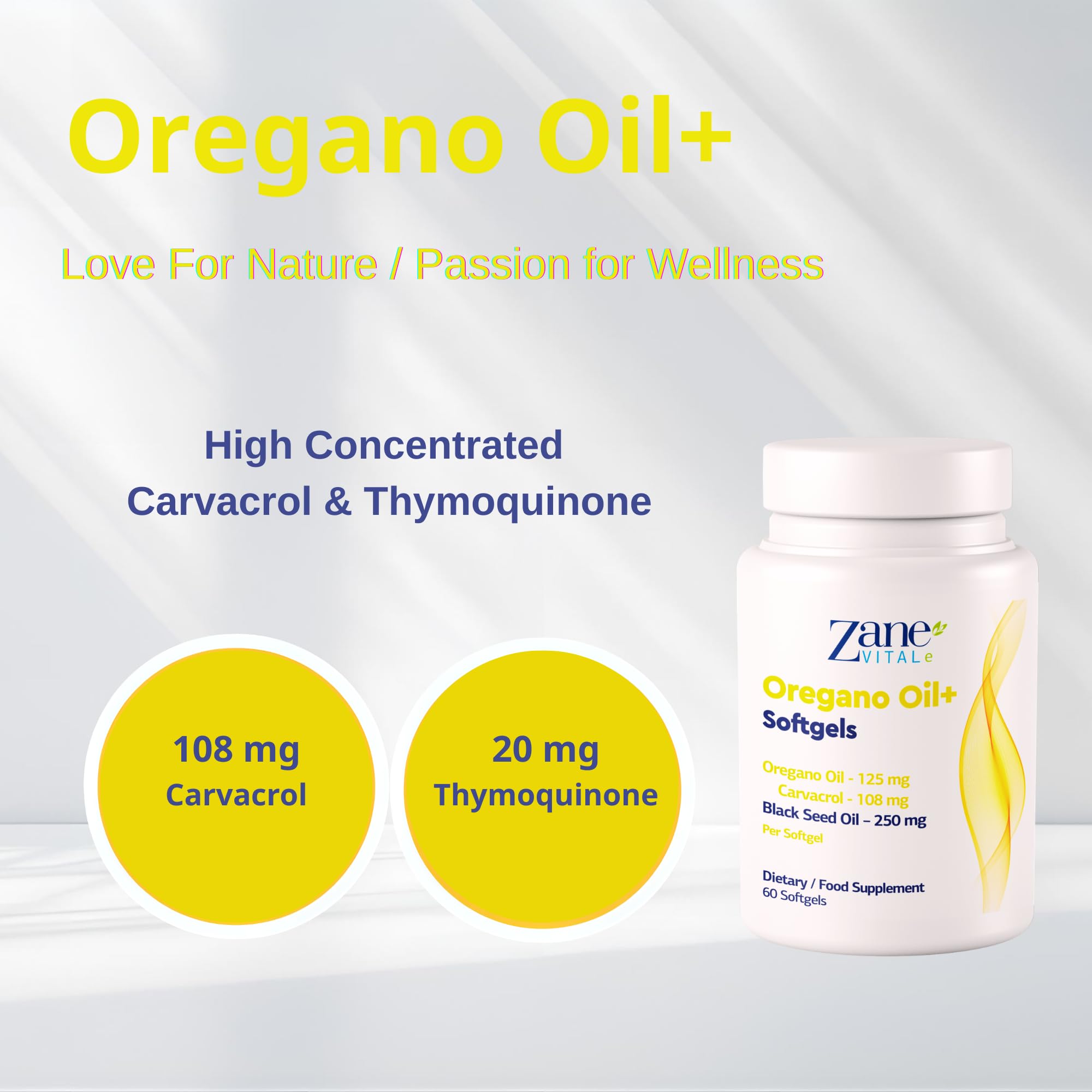 Zane VITALe Oregano Oil Plus Softgels side view of bottle