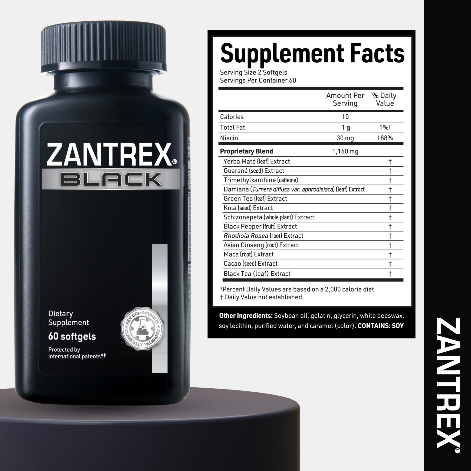 Zantrex Black Fat Burner Supplement on a table with a glass of water