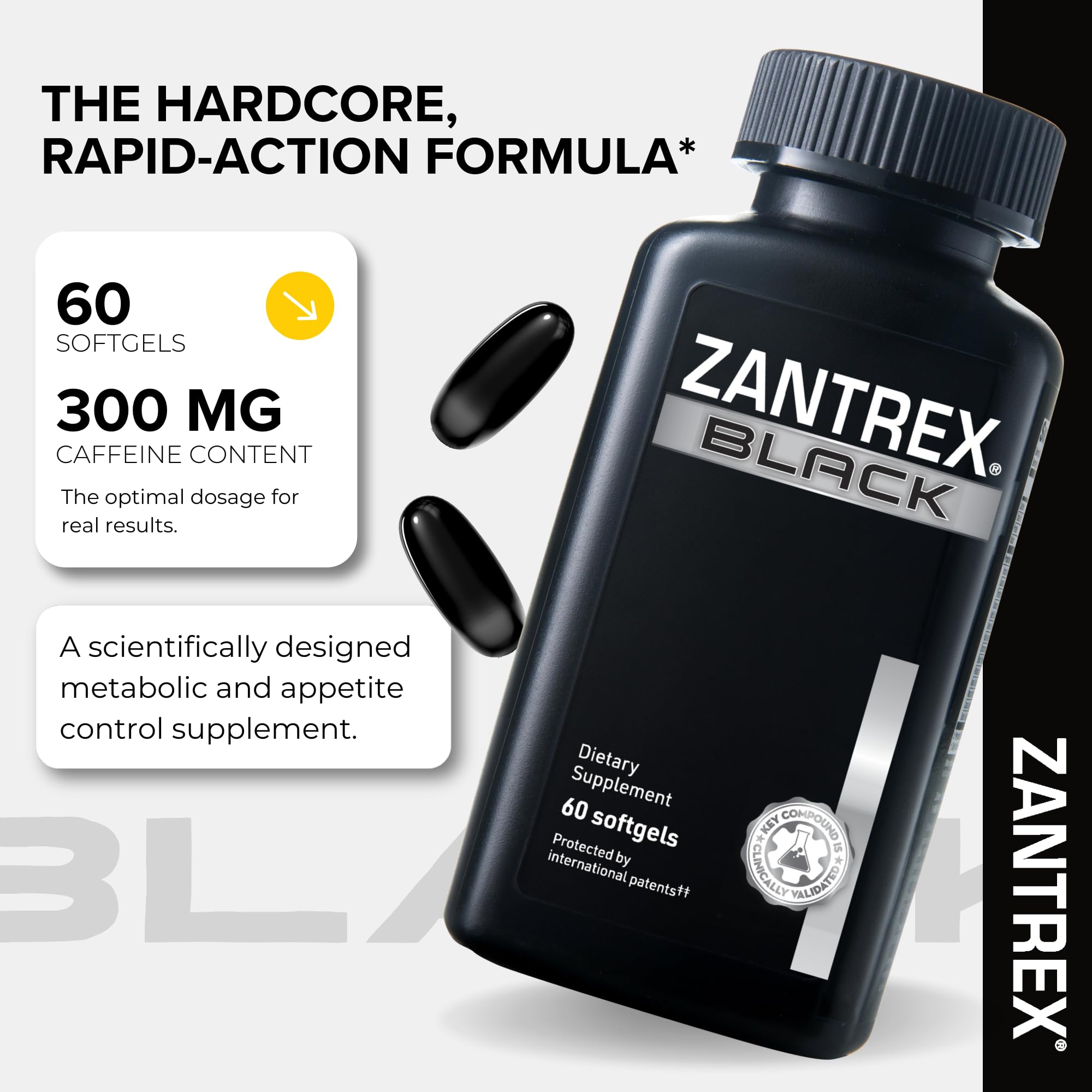 Zantrex Black Fat Burner Supplement side view with softgels