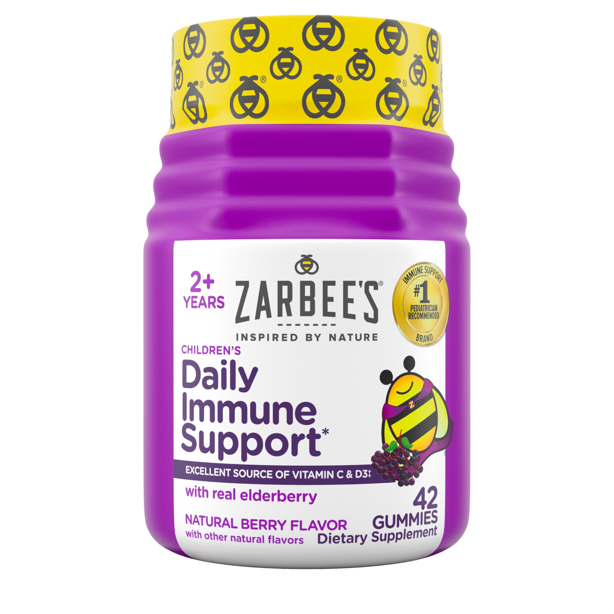 Zarbee's Children's Daily daily wellness Support Gummies displayed with fruits