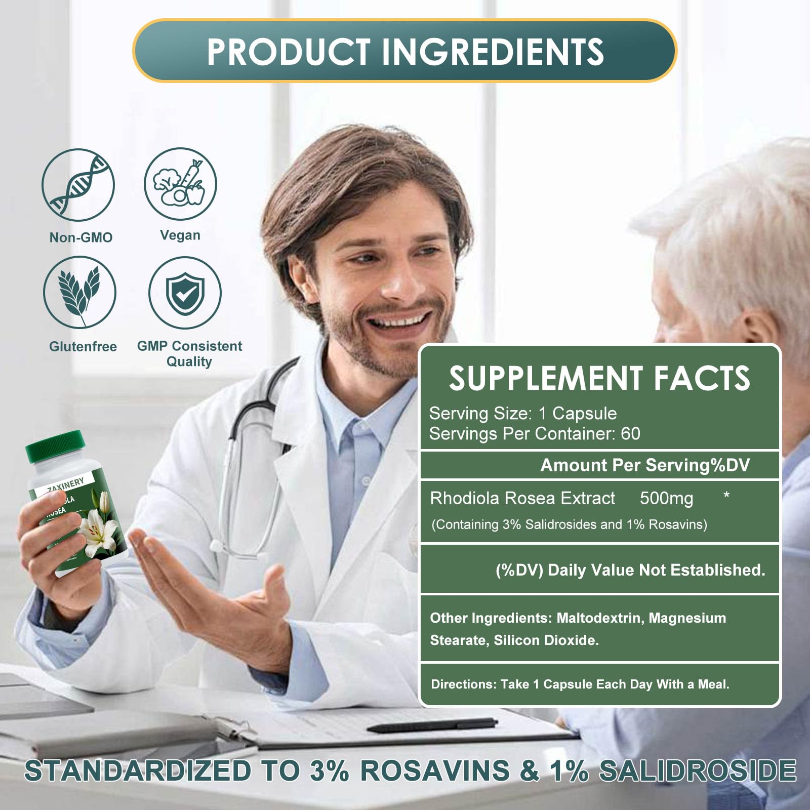 ZAXINERY Rhodiola Rosea Capsules 500mg bottle with label