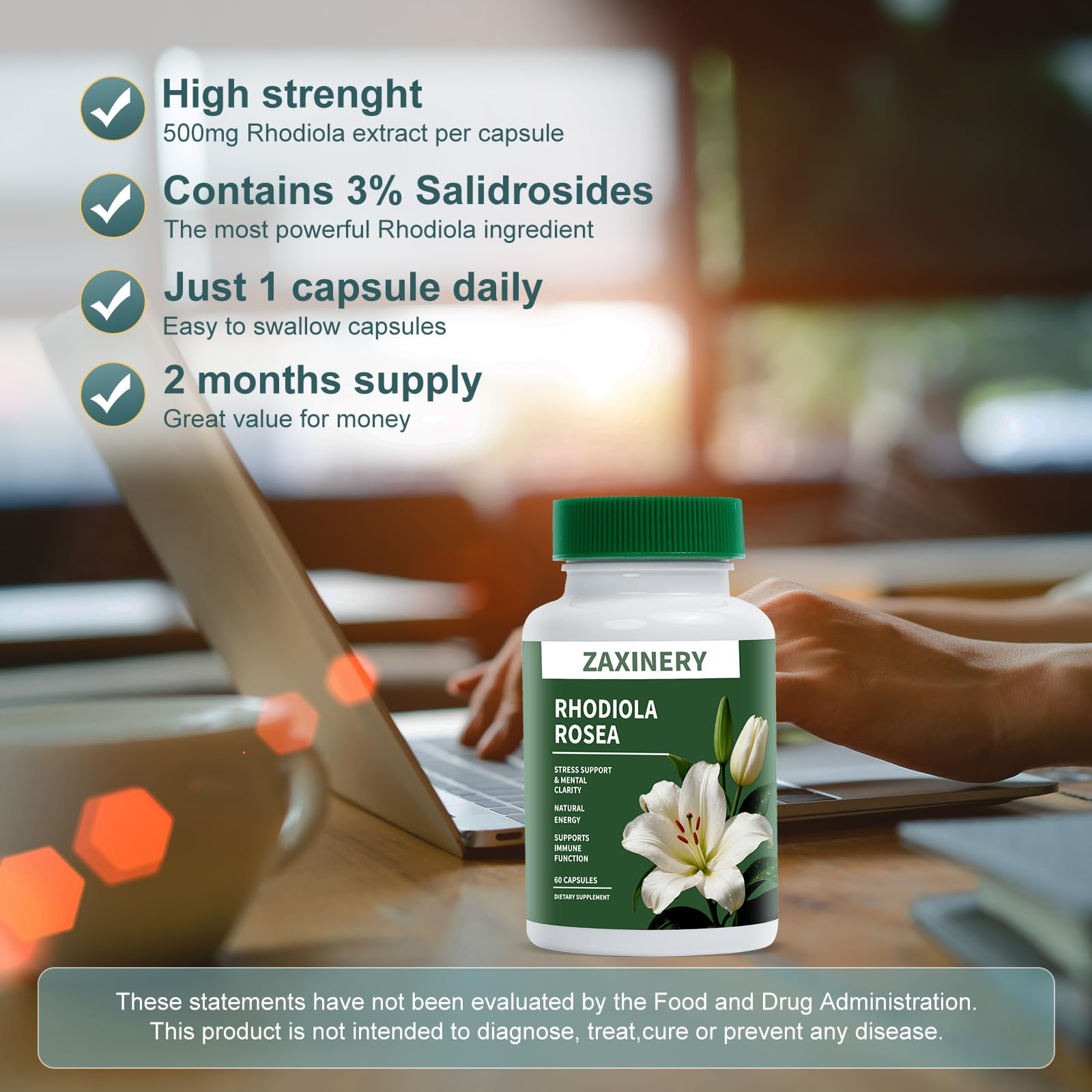 ZAXINERY Rhodiola Rosea Capsules 500mg in hand