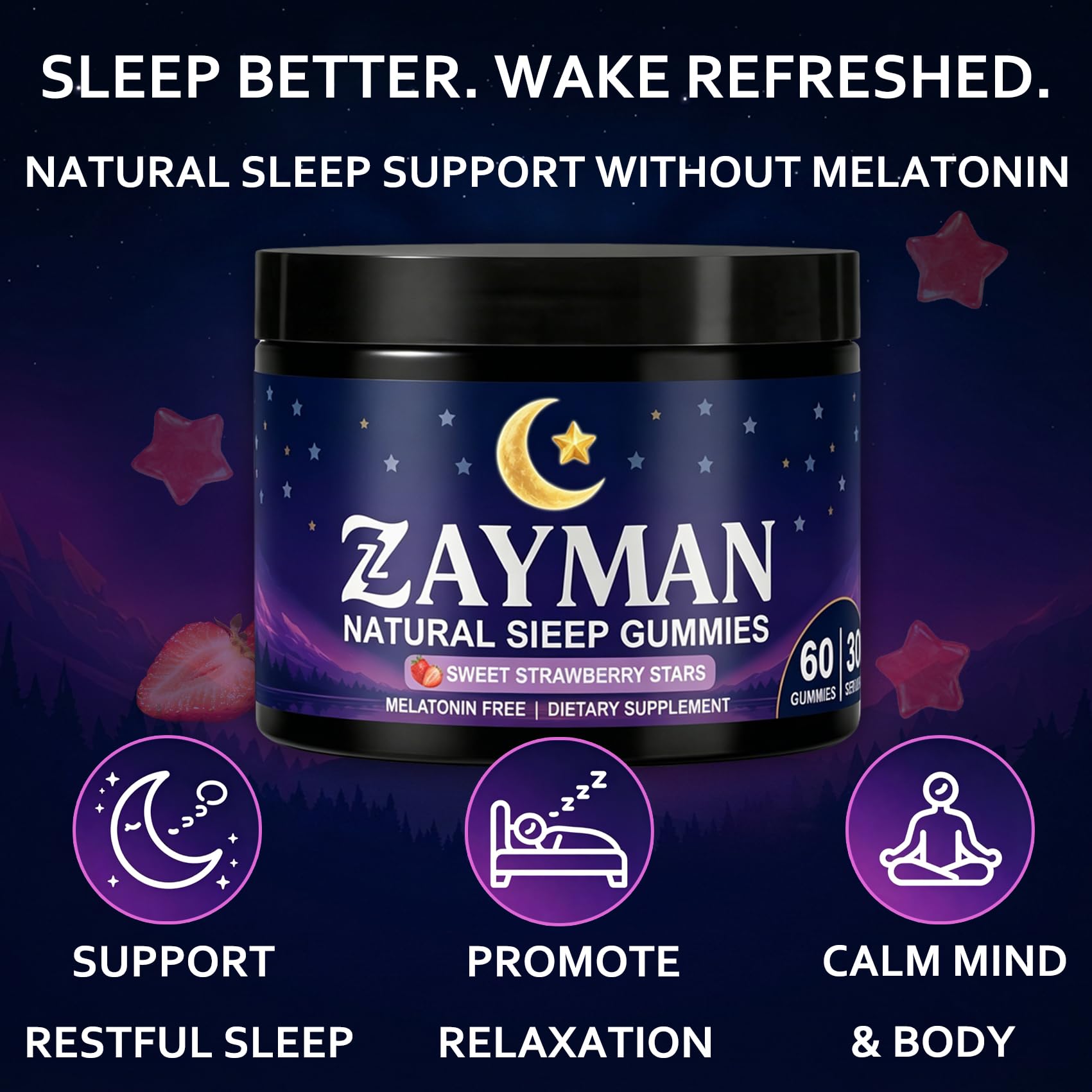 ZAYMAN Melatonin Free Sleep Gummies strawberry flavour packaging