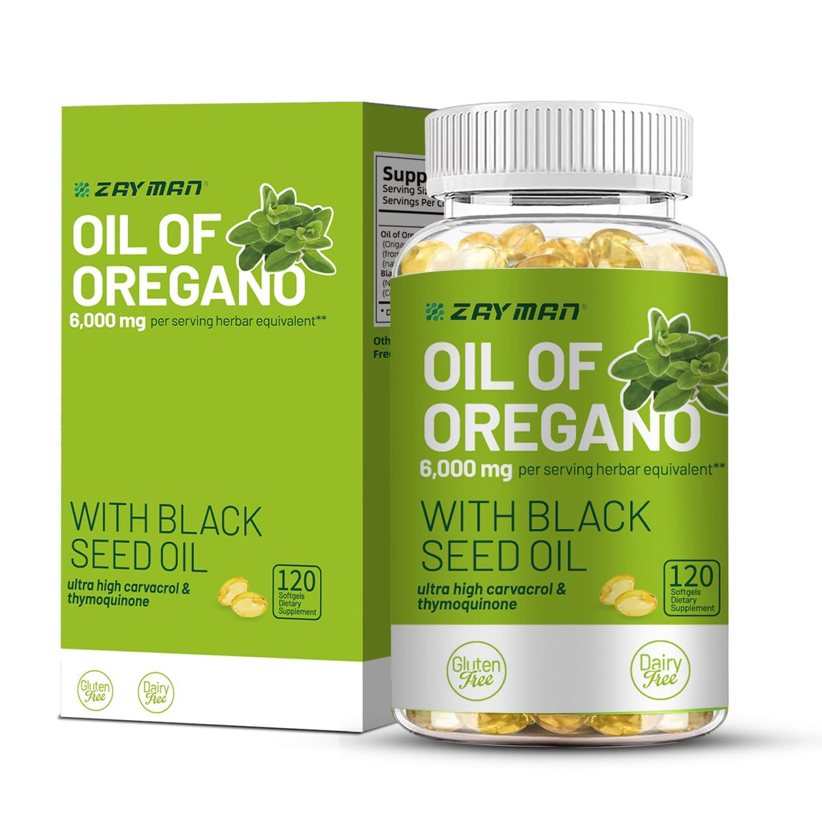 ZAYMAN Oil of Oregano Softgel bottle front view with 120 softgels