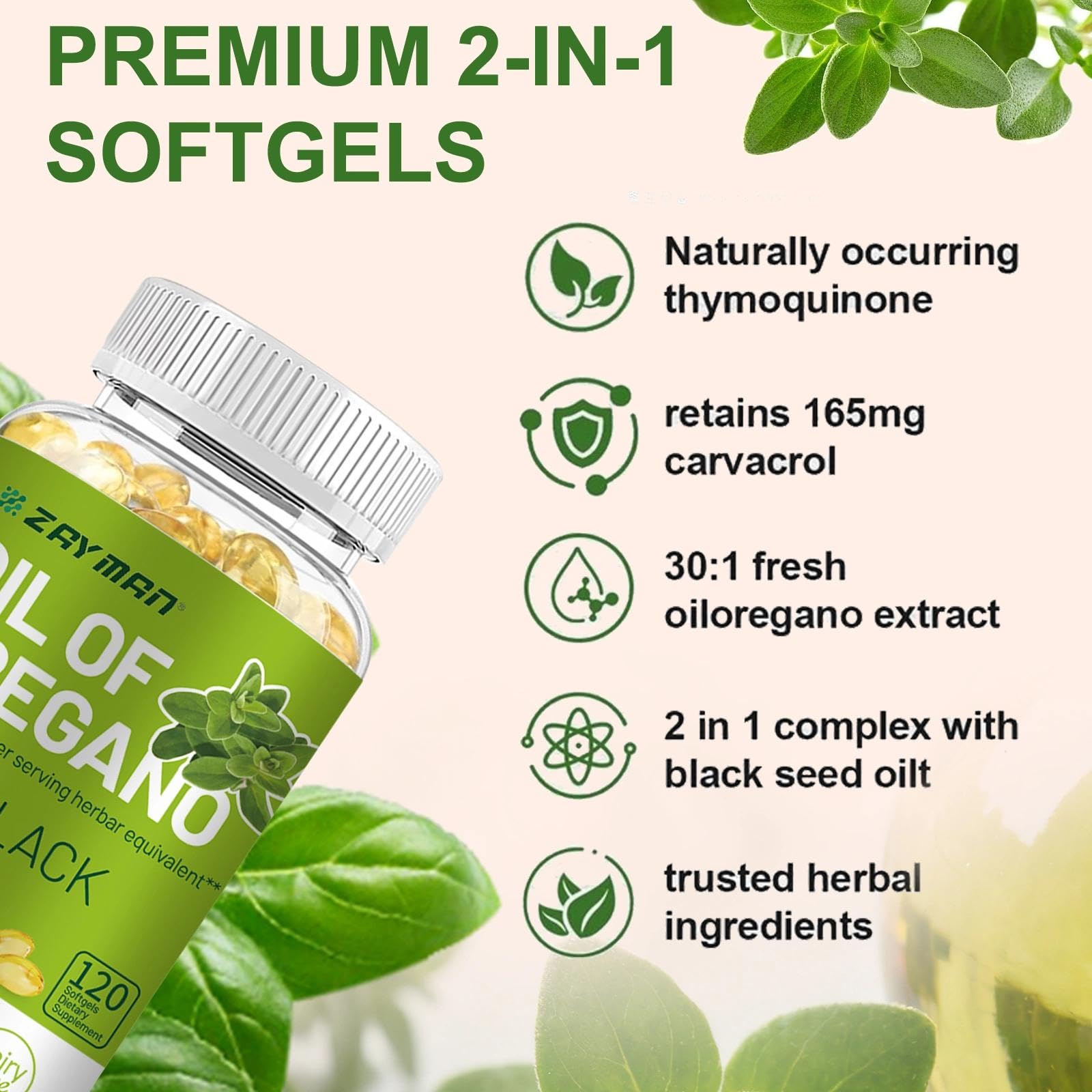 ZAYMAN Oil of Oregano Softgel showing softgel capsules