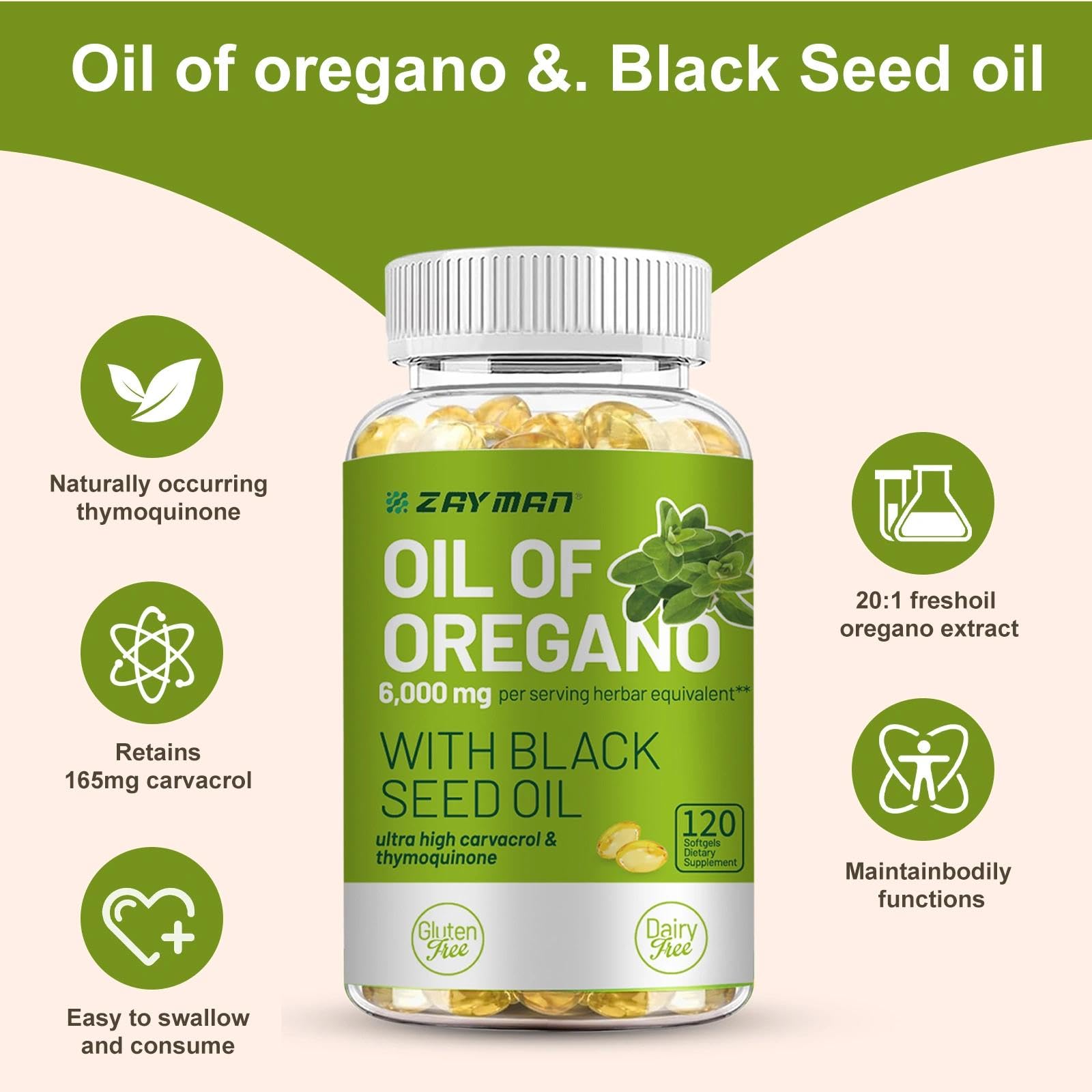 ZAYMAN Oil of Oregano Softgel side view of bottle