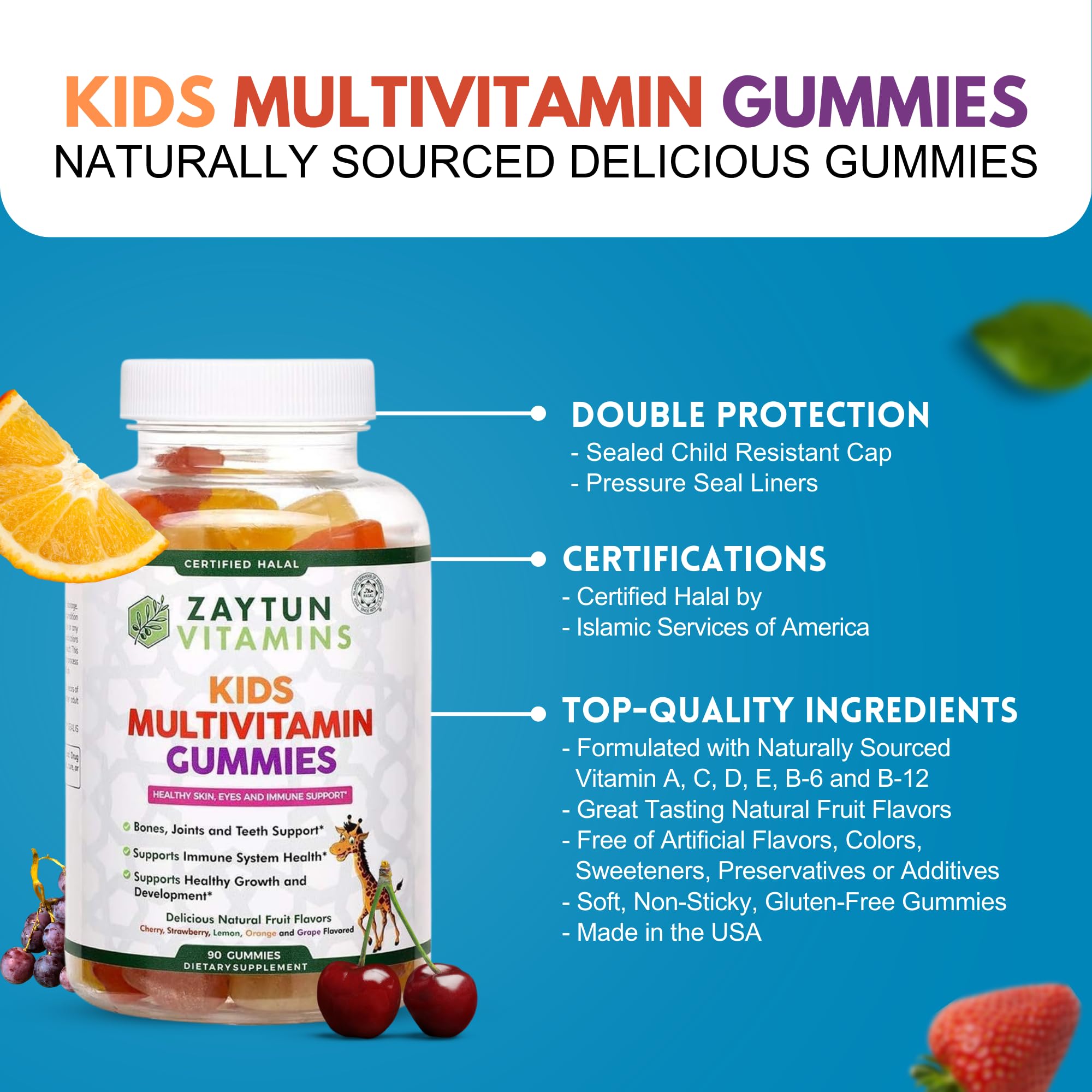 Zaytun Vitamins Kids Multivitamin Gummies in a bowl with fruits