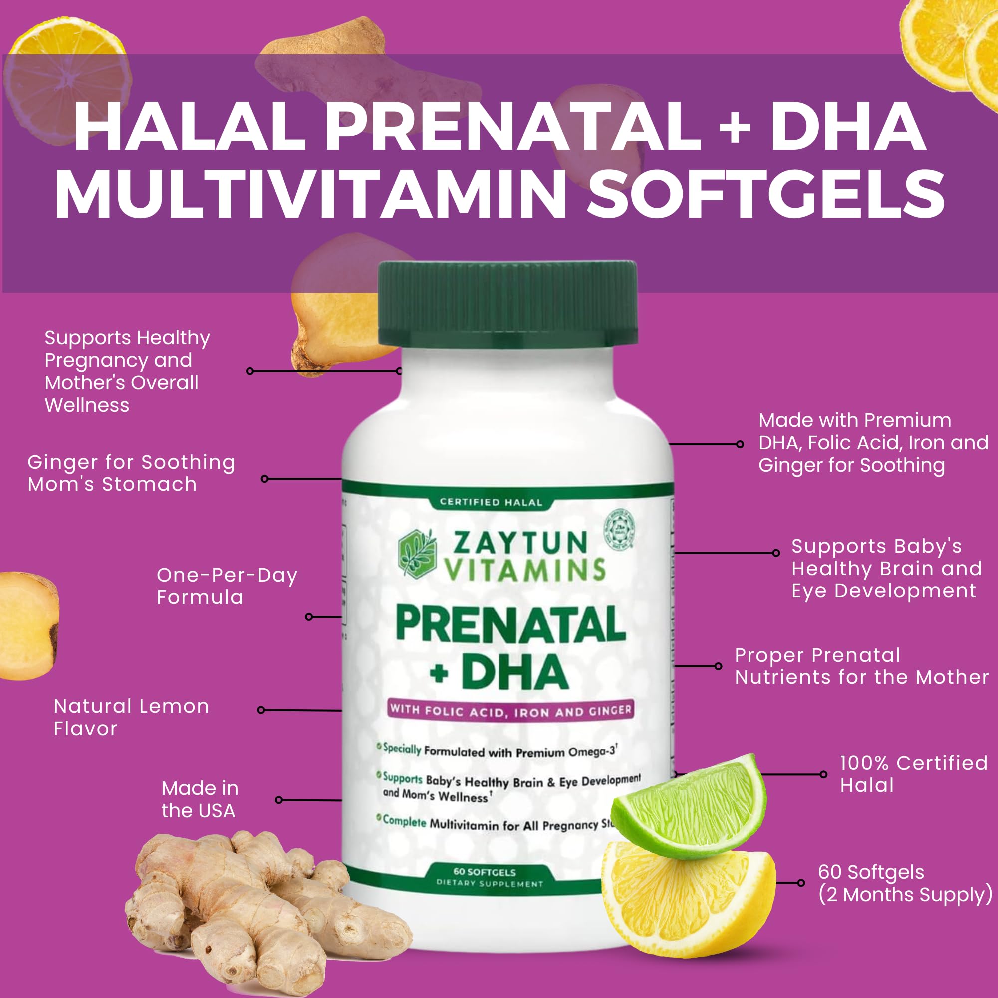Zaytun Vitamins Prenatal Multivitamin + DHA Softgels back view